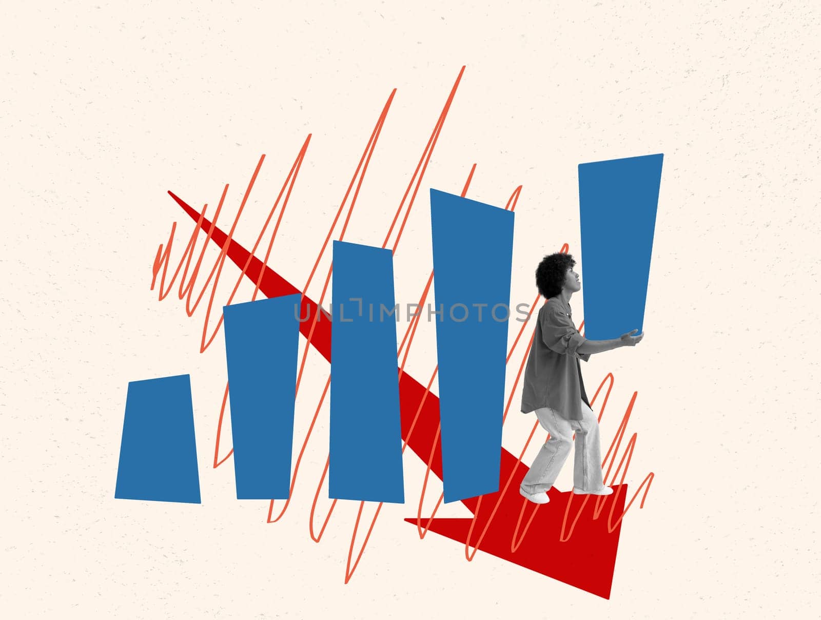 Collage with woman and a graph. Fighting recession and problems with personal savings. by designer491