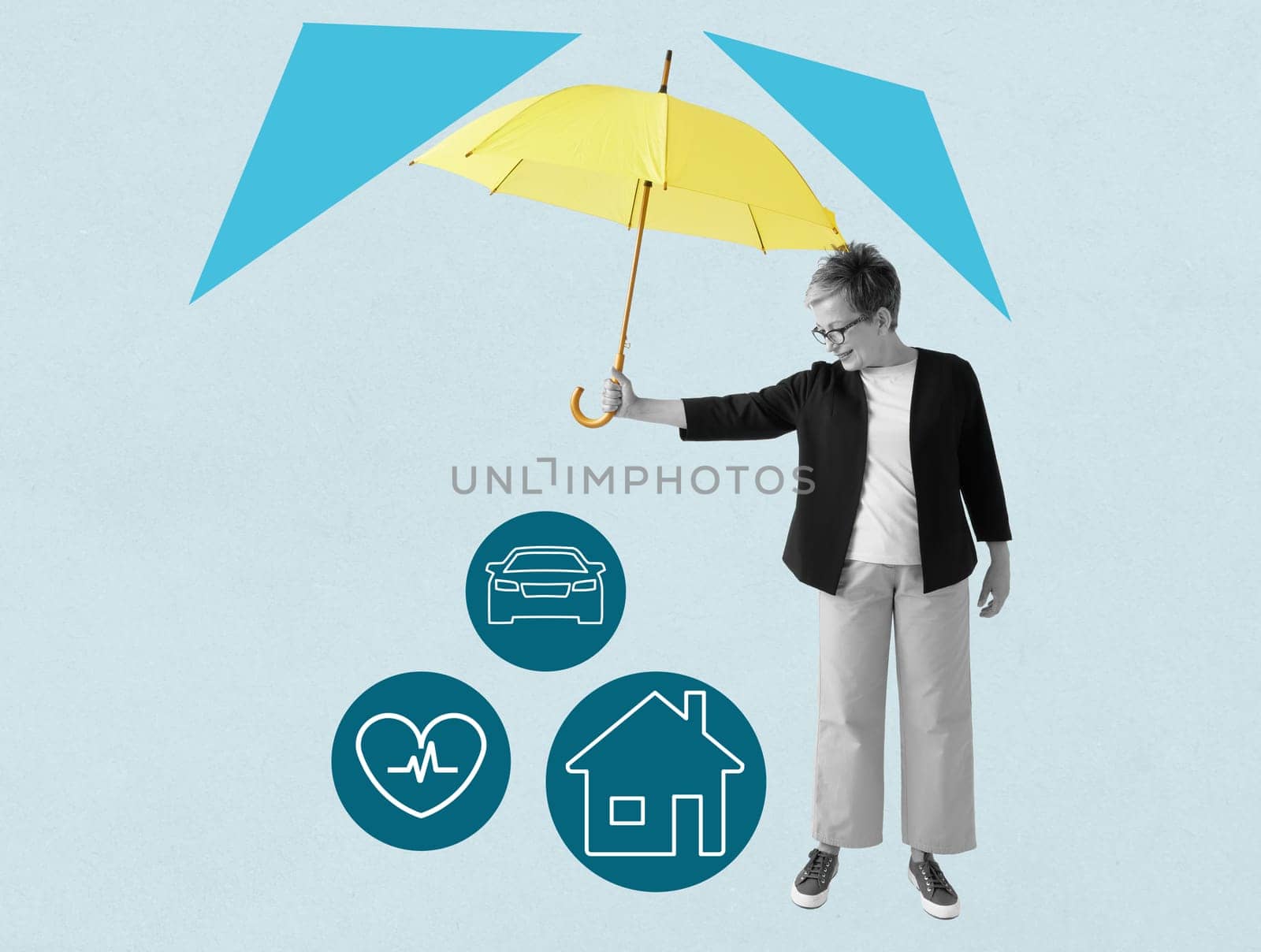 A woman holds an umbrella over the symbols of home insurance, health, auto. Modern collage.