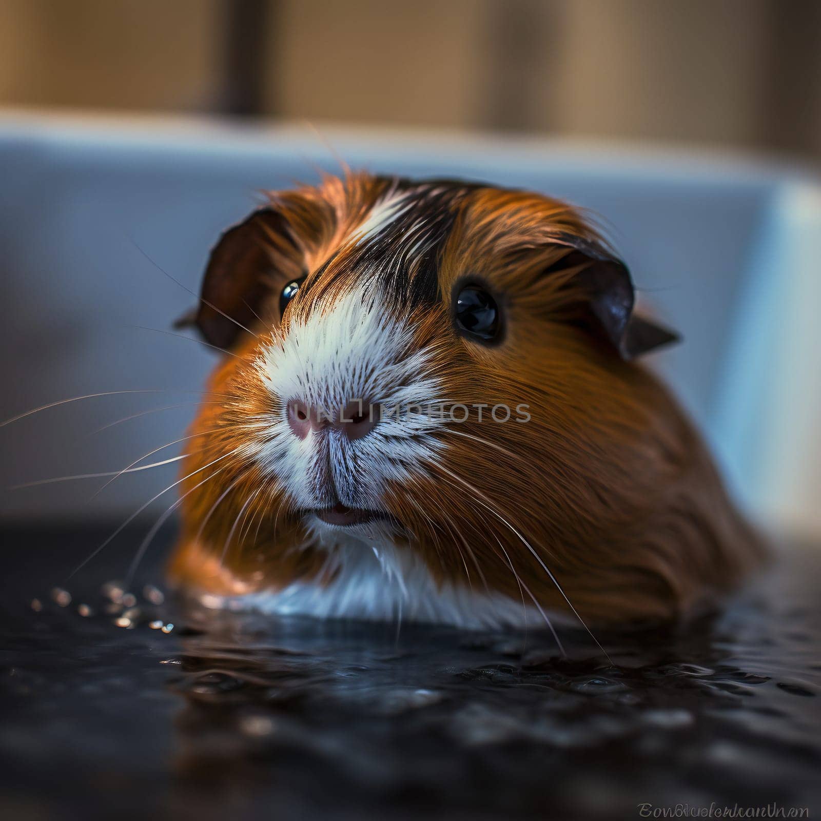 Funny guinea pig black takes a bath. Rodent care concept. Clean and hygiene. Cavia. Generative ai by juliet_summertime