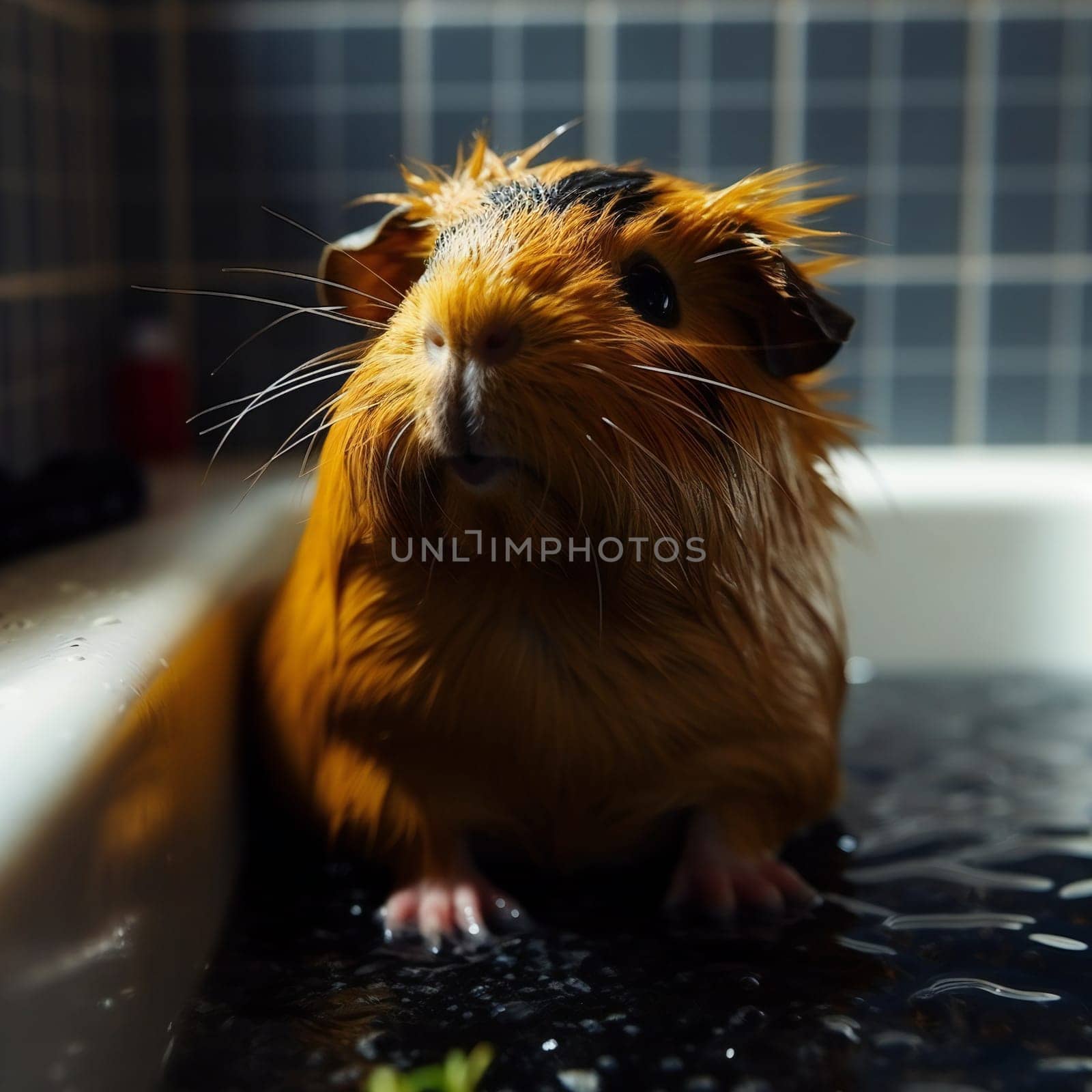 Funny guinea pig black takes a bath. Rodent care concept. Clean and hygiene. Cavia. Generative ai by juliet_summertime