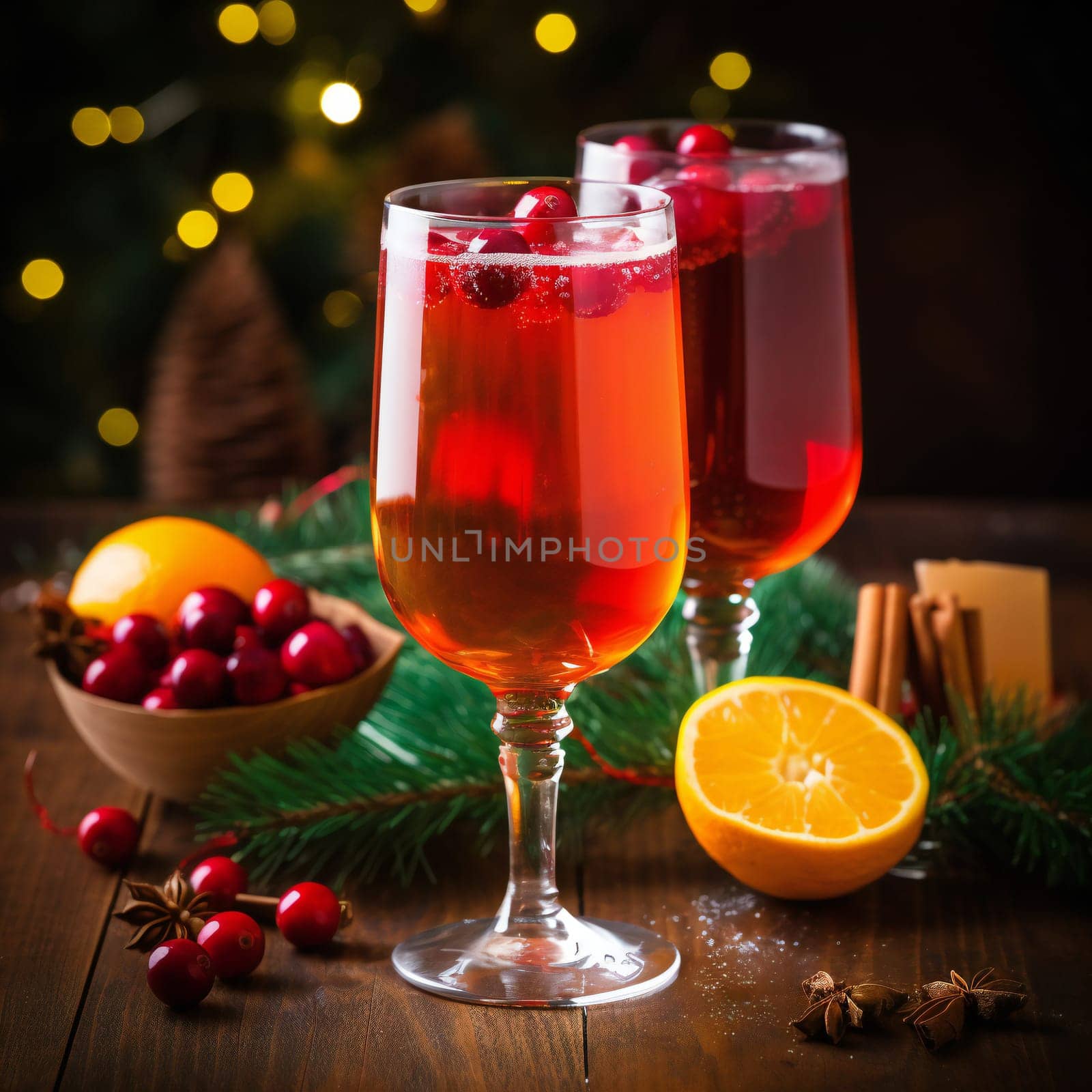 Refreshing drink with cranberries and lemon on dark stone background. Christmas cocktail.