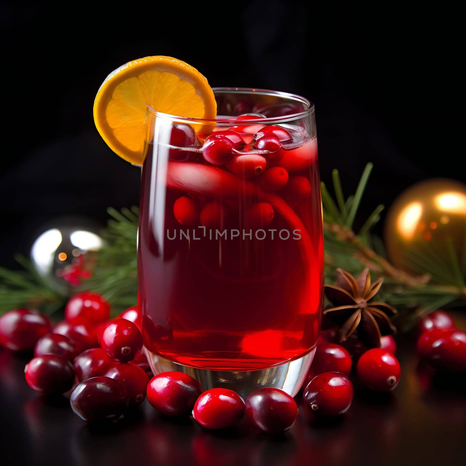 Refreshing drink with cranberries and lemon on dark stone background. Christmas cocktail.