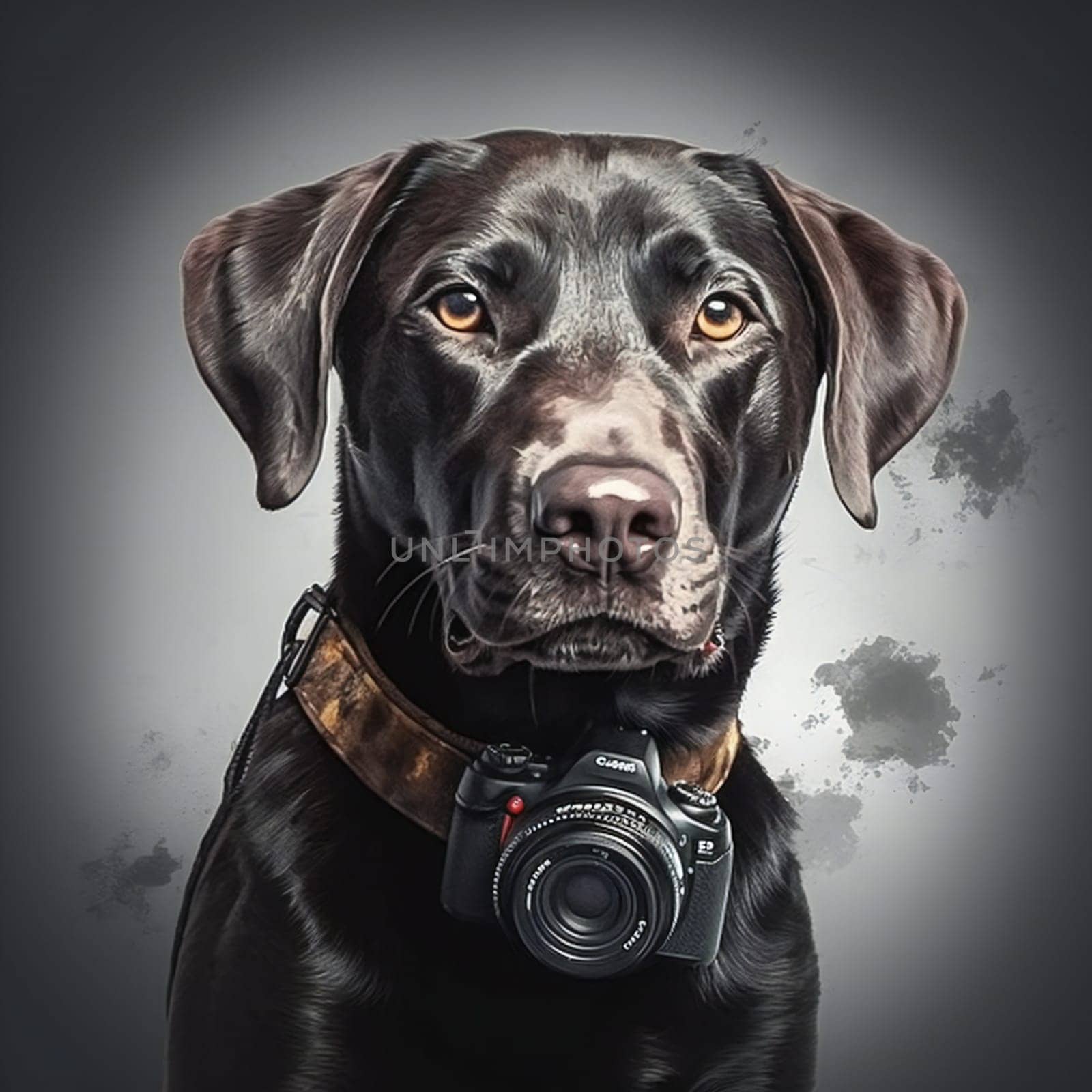 Cute dog with a camera. Hipster. Photographer Portrait