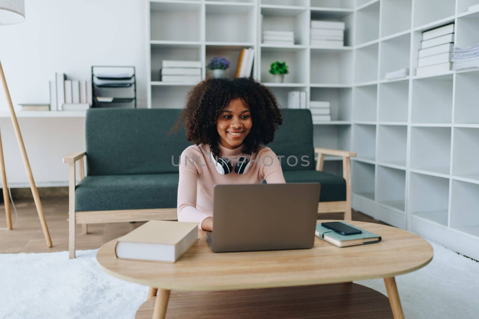 Video call or conference, african american university foreign exchange students study online on laptop pc english language class Exchange Program by international specialists with master at home.