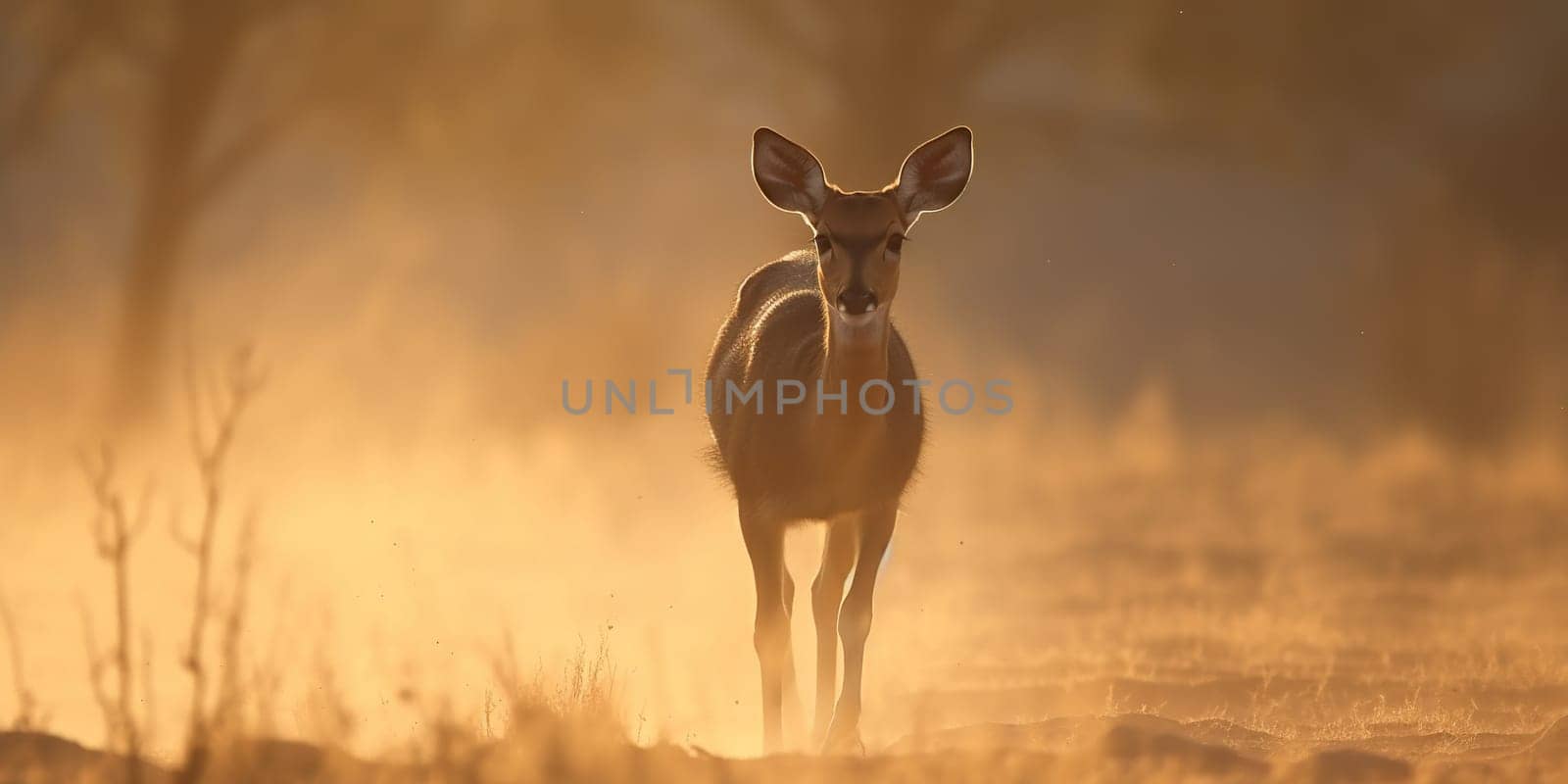 Young deer wandering through the steppe,close-up view in dusty weather , generative AI