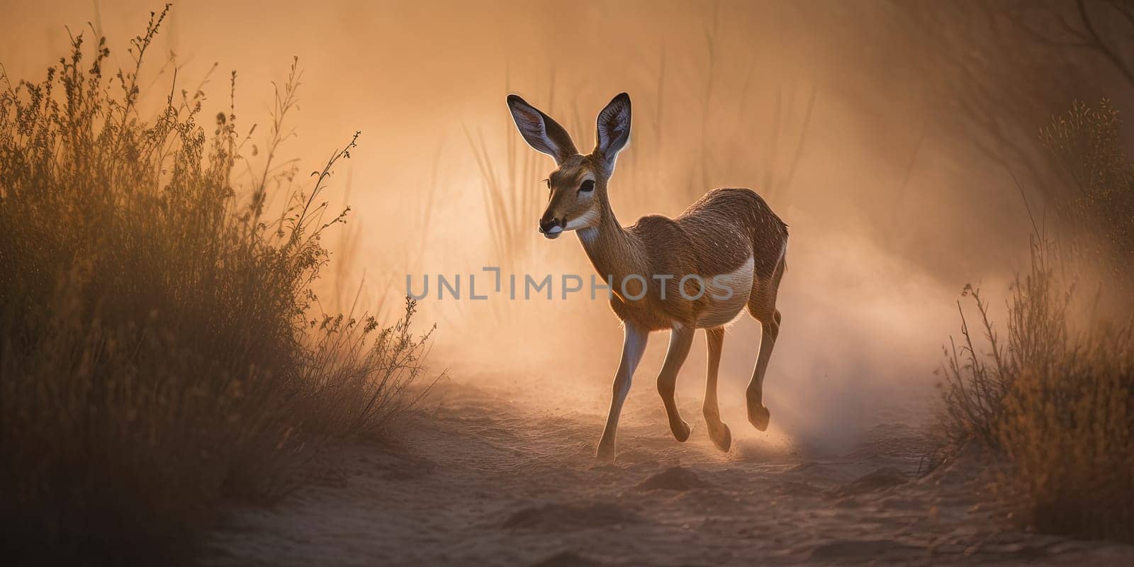 Young deer wandering through the steppe,close-up view in dusty weather , generative AI