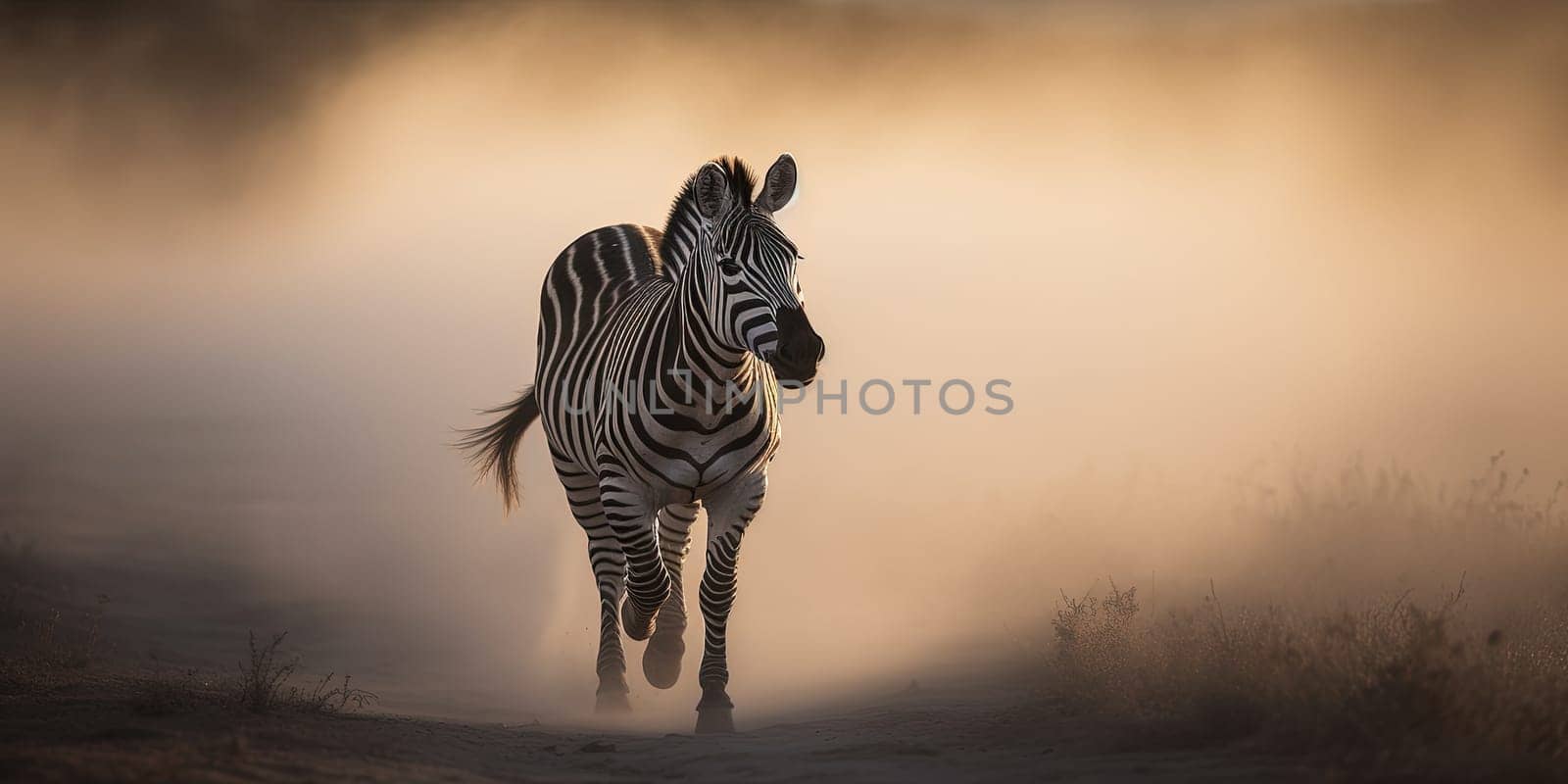 Zebra wandering through the steppe,close-up view in dusty weather , generative AI