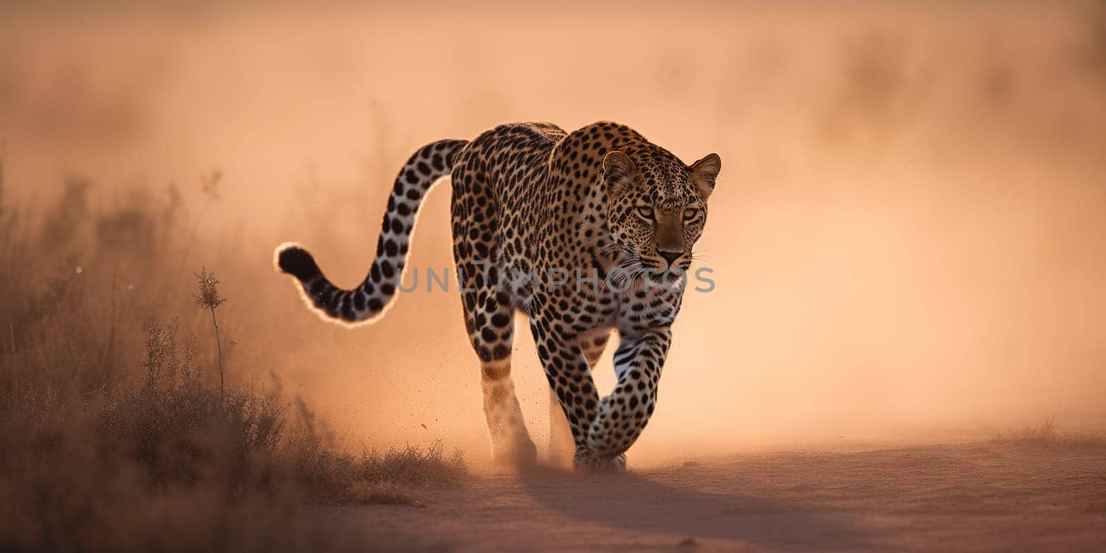 Leopard wandering through the steppe,close-up in dusty weather , generative AI