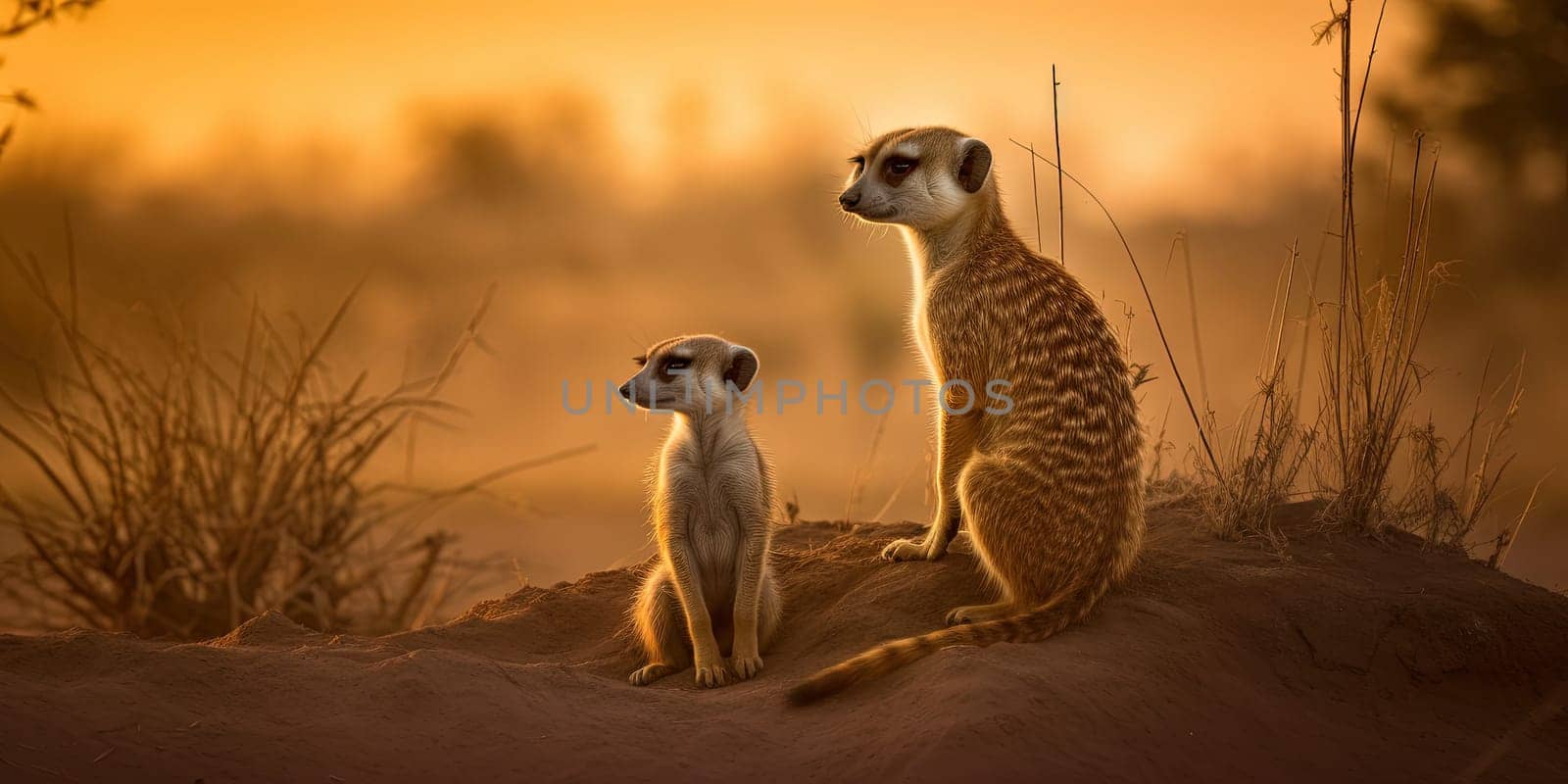 Adult meerkat with baby sitting on sand looking in distance, close-up shot blurred background , generative AI