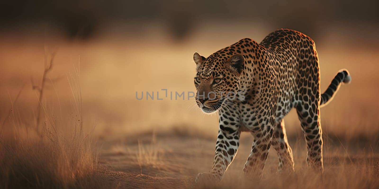 Leopard hunting in the steppe,close-up view blurry background , generative AI