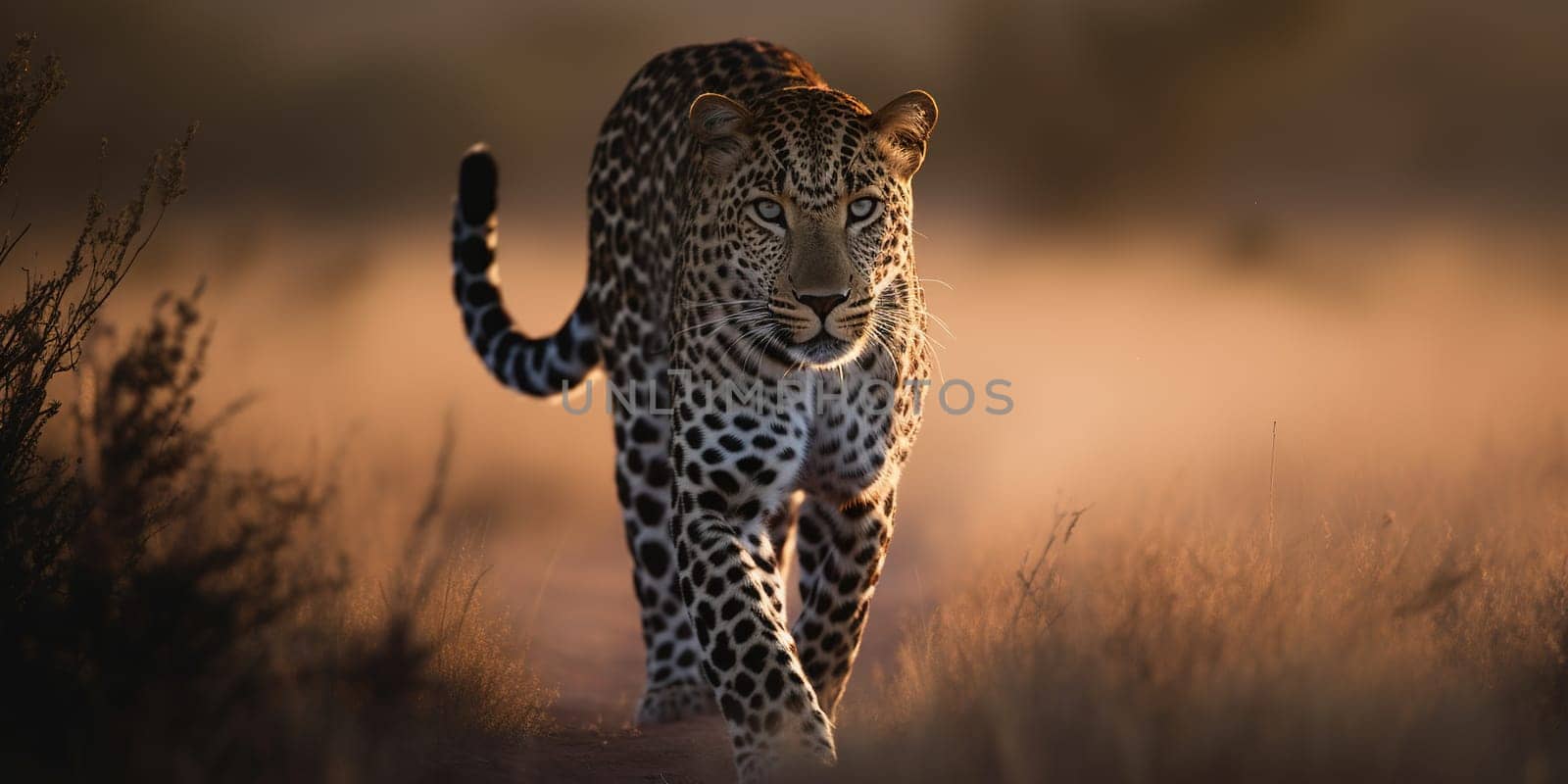 Leopard wandering through the steppe,close-up view blurry background , generative AI