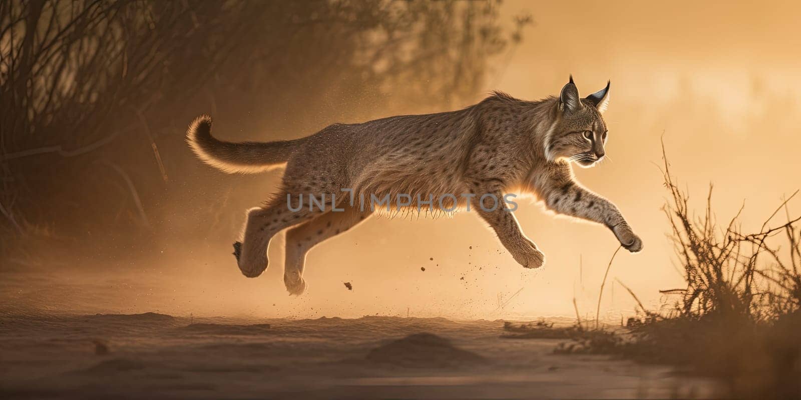 Lynx is jumping forward in the steppe in dusty weather , generative AI