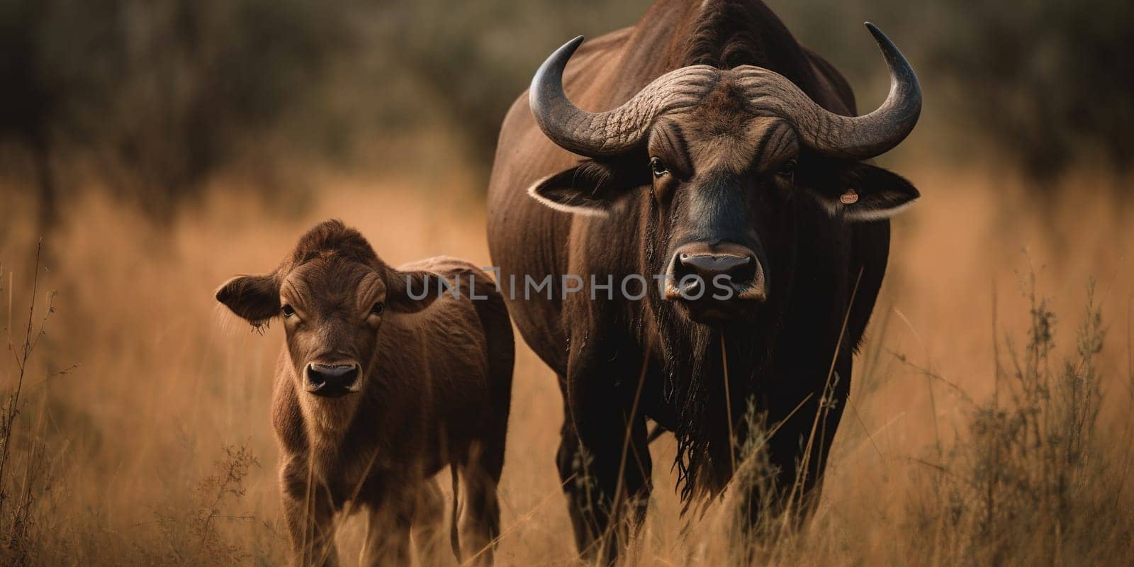 Adult buffalo with baby looking at camera in the steppe, blurry background , generative AI