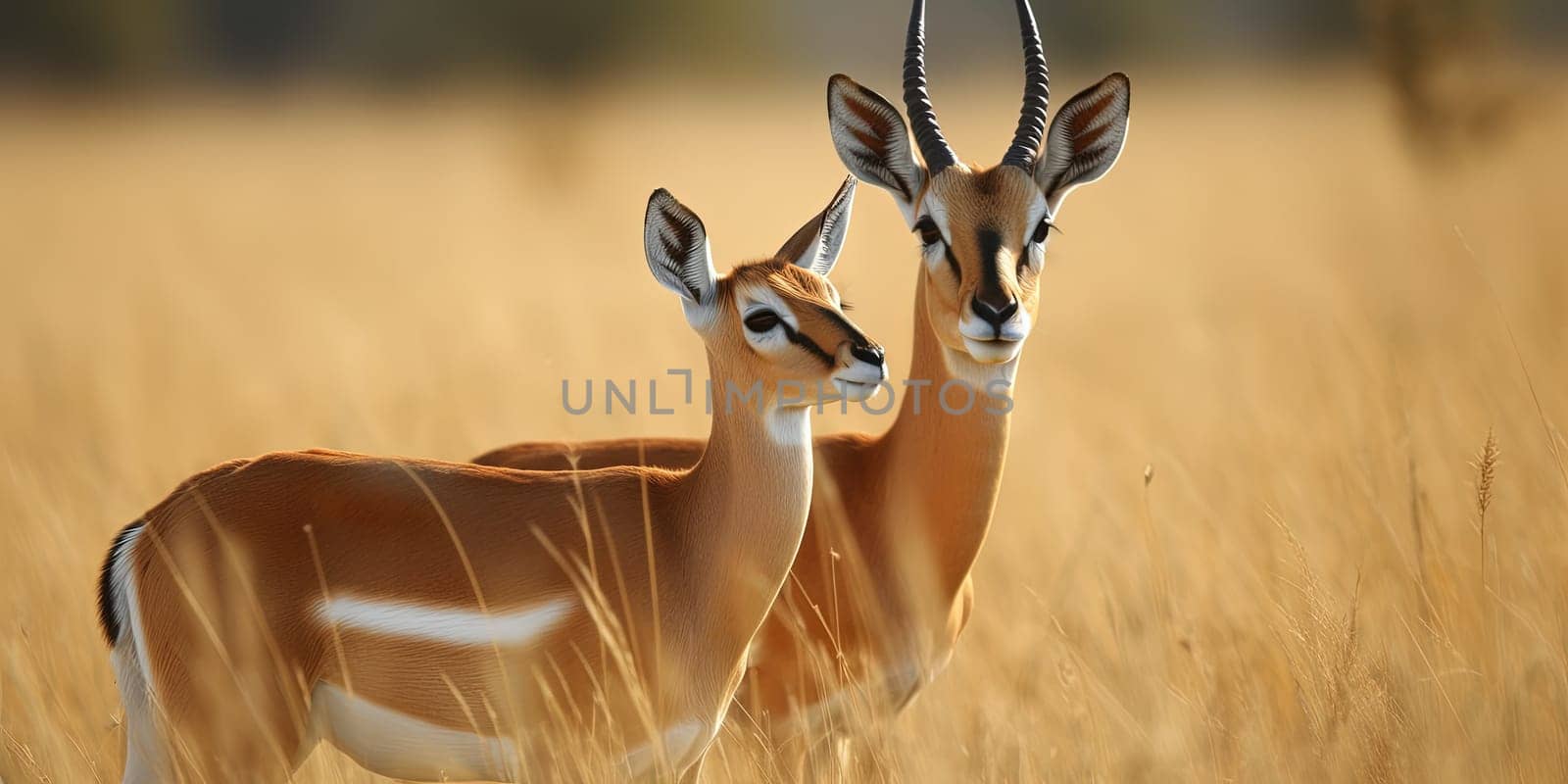 Pair of gazelles in the steppe, blurry background , generative AI