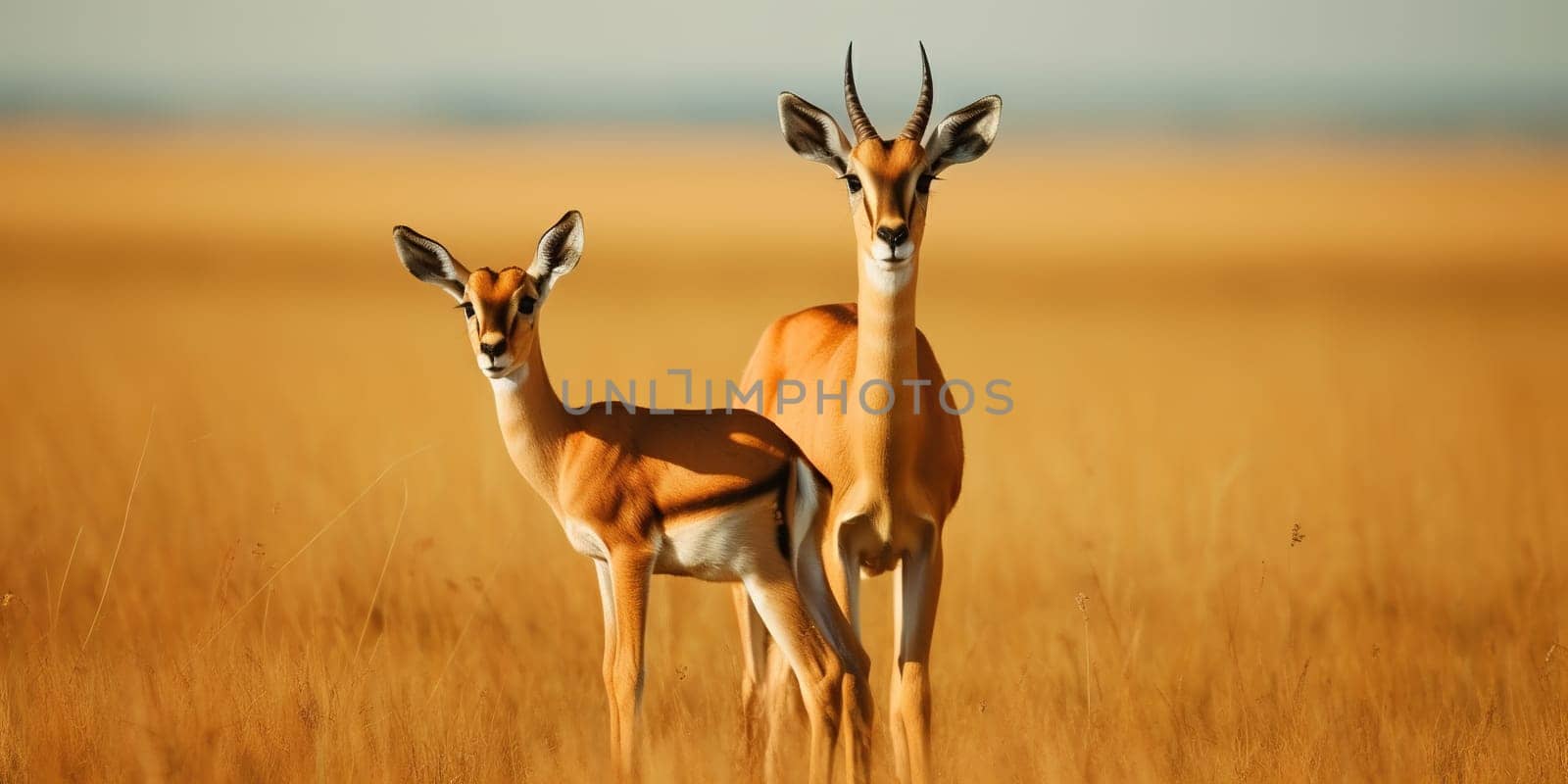 Pair of gazelles looking at camera in the steppe, blurry background , generative AI