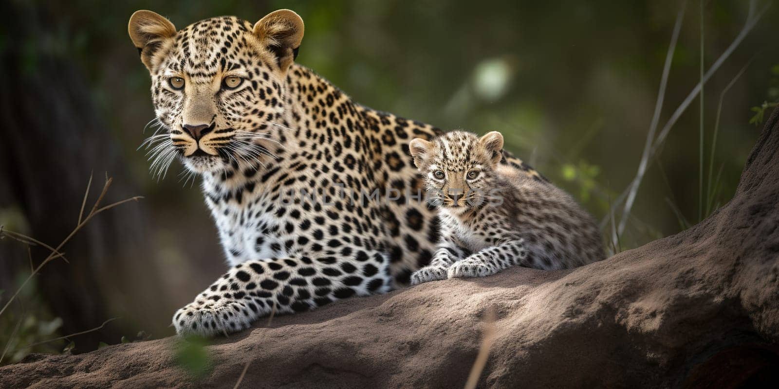 Adult leopard with baby looking in camera in the forest,close-up view blurry background , generative AI
