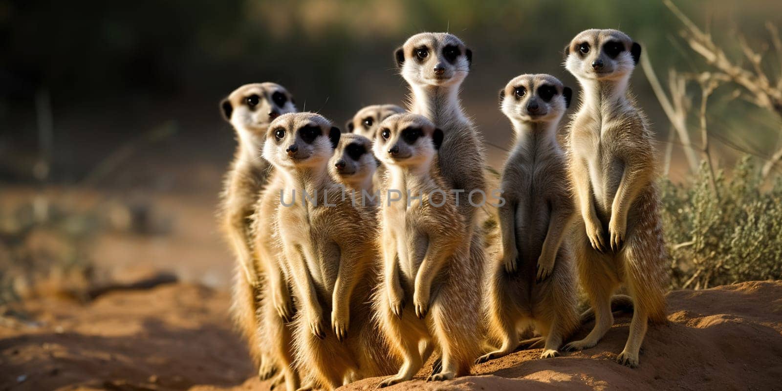 Group of meerkats looking at distance in the steppe by tan4ikk1