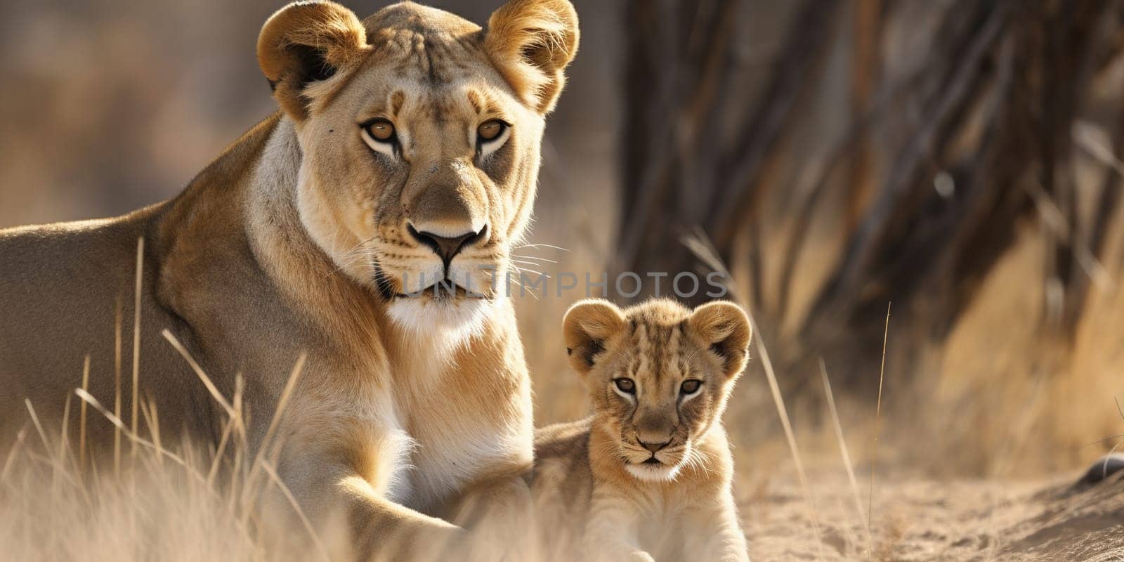 Adult lioness with baby looking in camera in the steppe by tan4ikk1