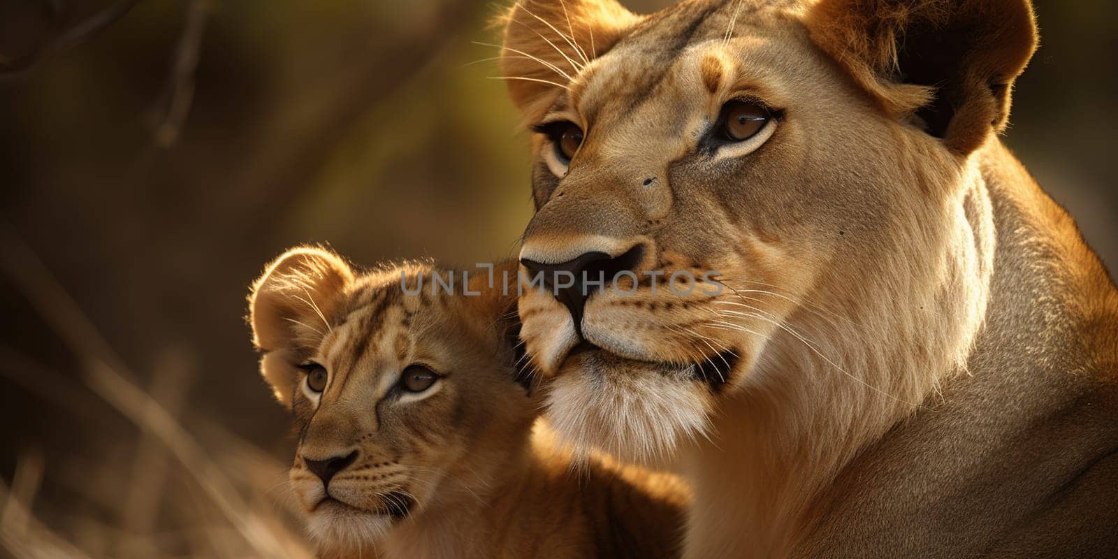 Adult lioness with baby looking at distance in the steppe,close-up view blurry background , generative AI