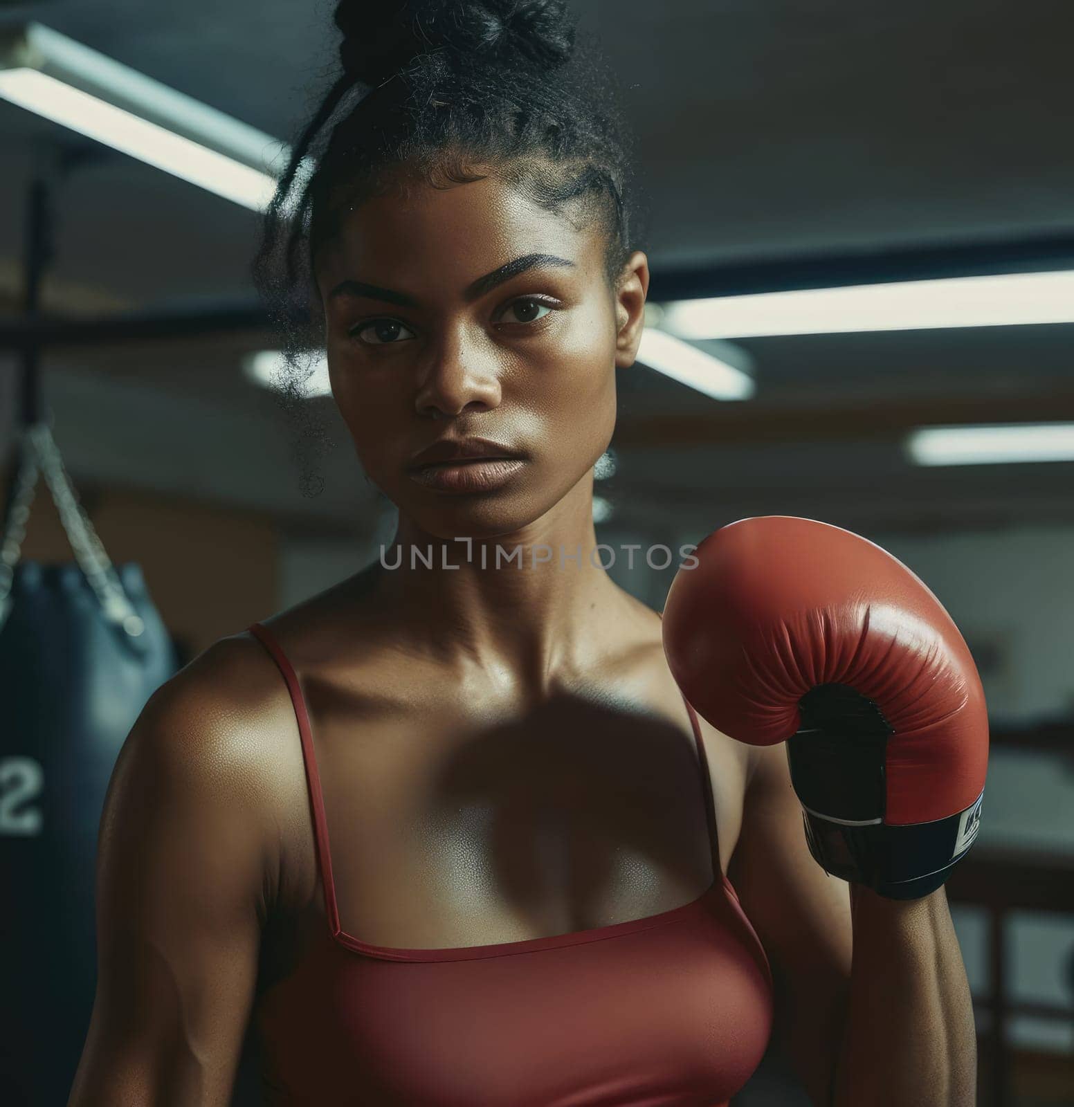 Young beautiful woman posing with boxing gloves. Sport