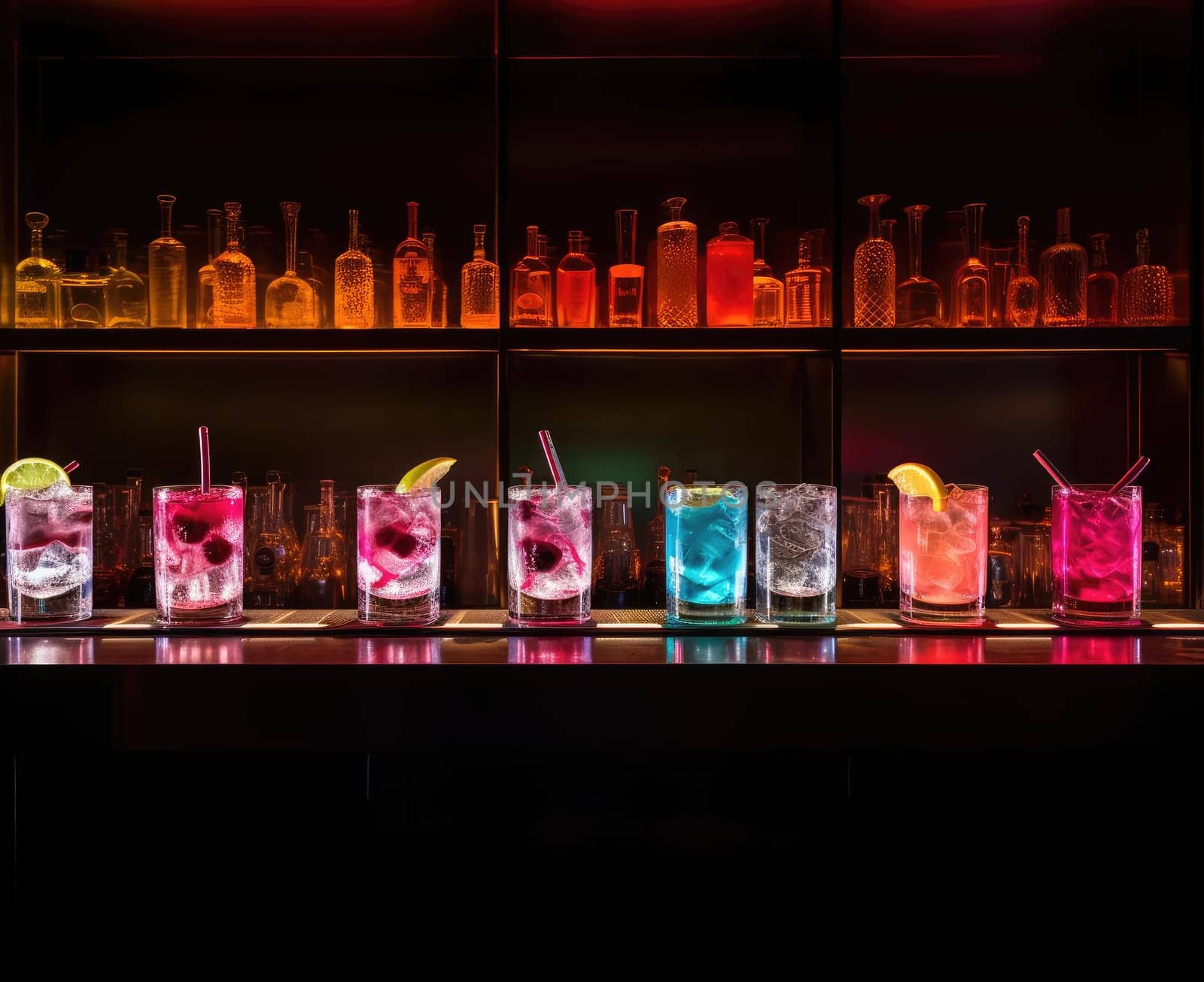 A few colorful cocktails on the bar. Nobody