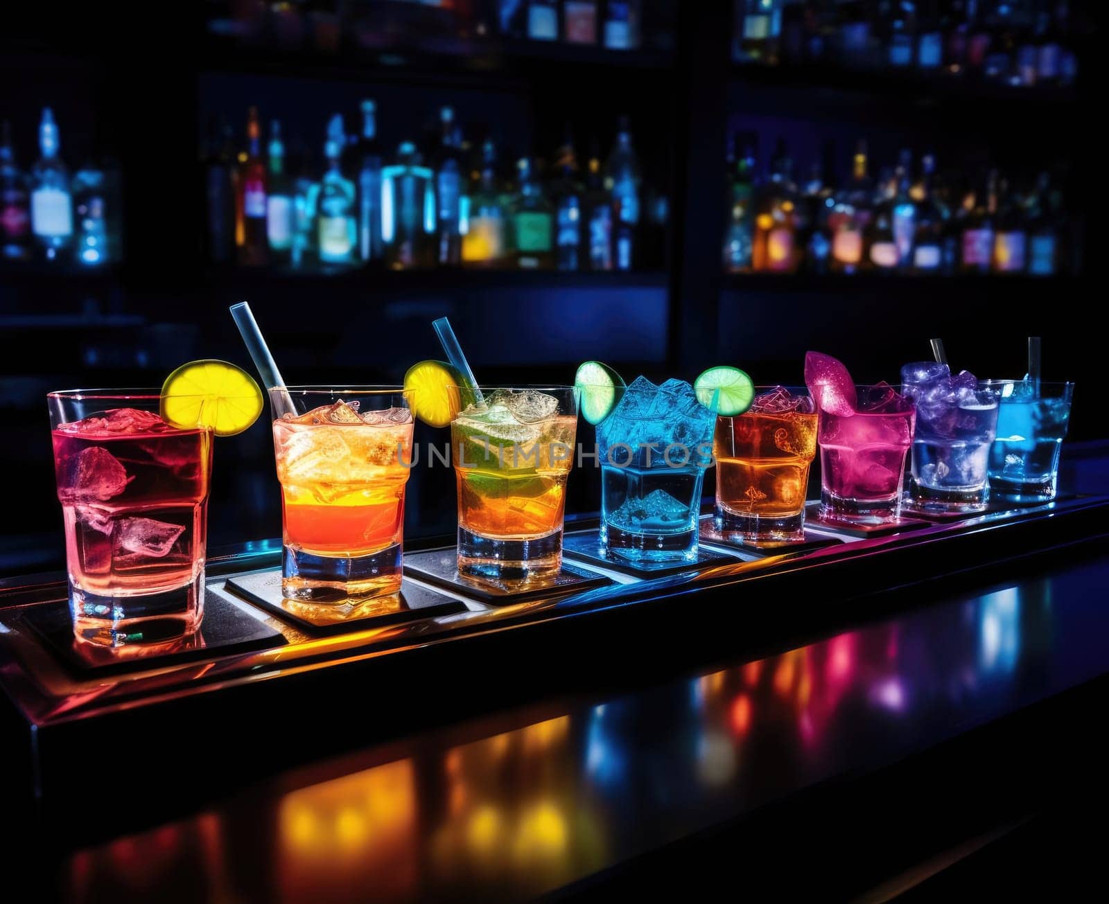 A few colorful cocktails on the bar. Nobody