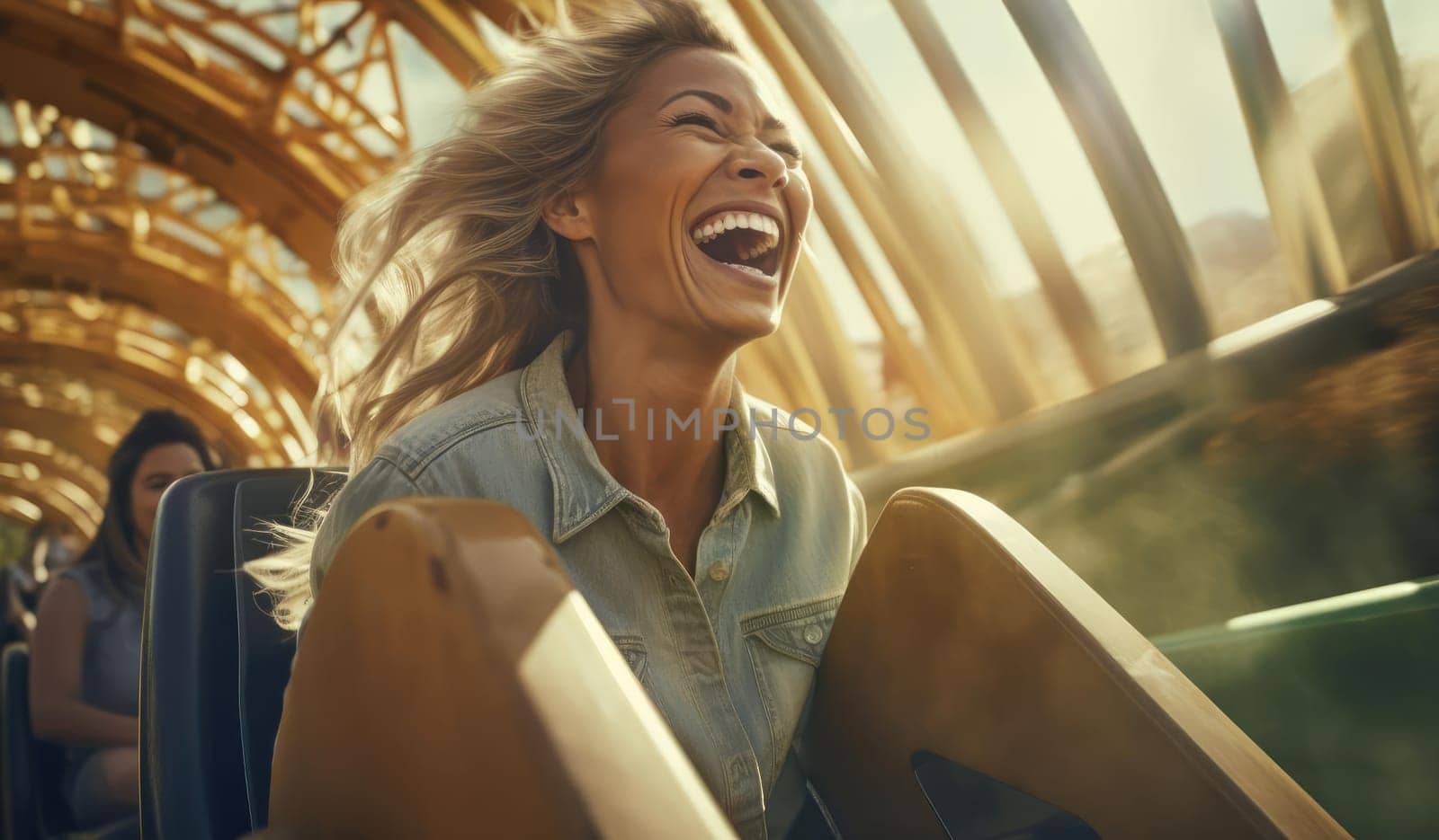 Young woman relaxing in an amusement park. Expressive emotions