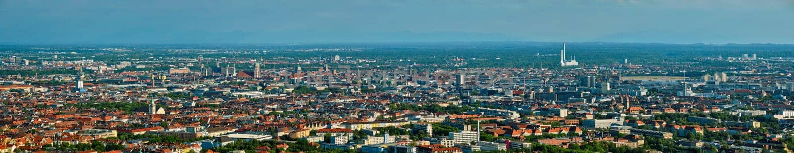 Aerial panorama of Munich center from Olympiaturm (Olympic Tower). Munich, Bavaria, Germany
