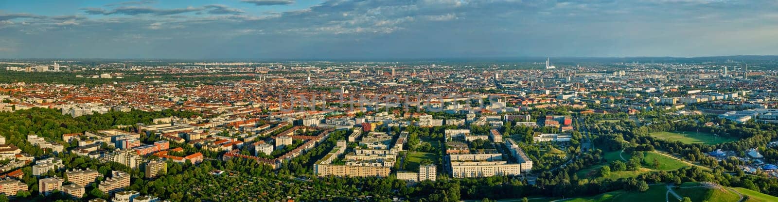 Aerial panorama of Munich center from Olympiaturm (Olympic Tower). Munich, Bavaria, Germany