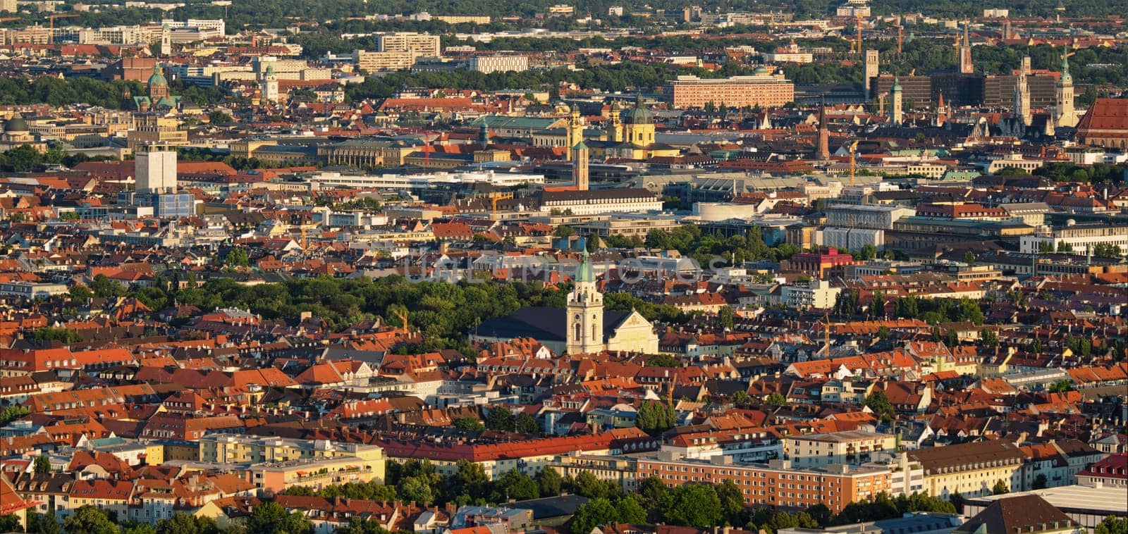 Aerial panorama of Munich center from Olympiaturm (Olympic Tower). Munich, Bavaria, Germany