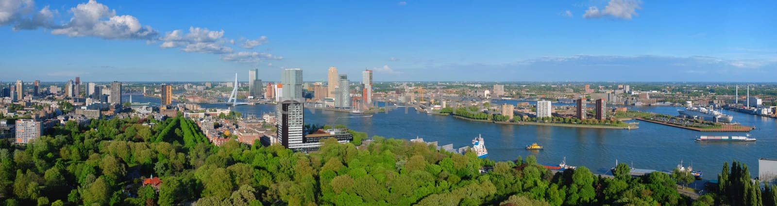 Aerial panorama of Rotterdam city and the Erasmus bridge by dimol