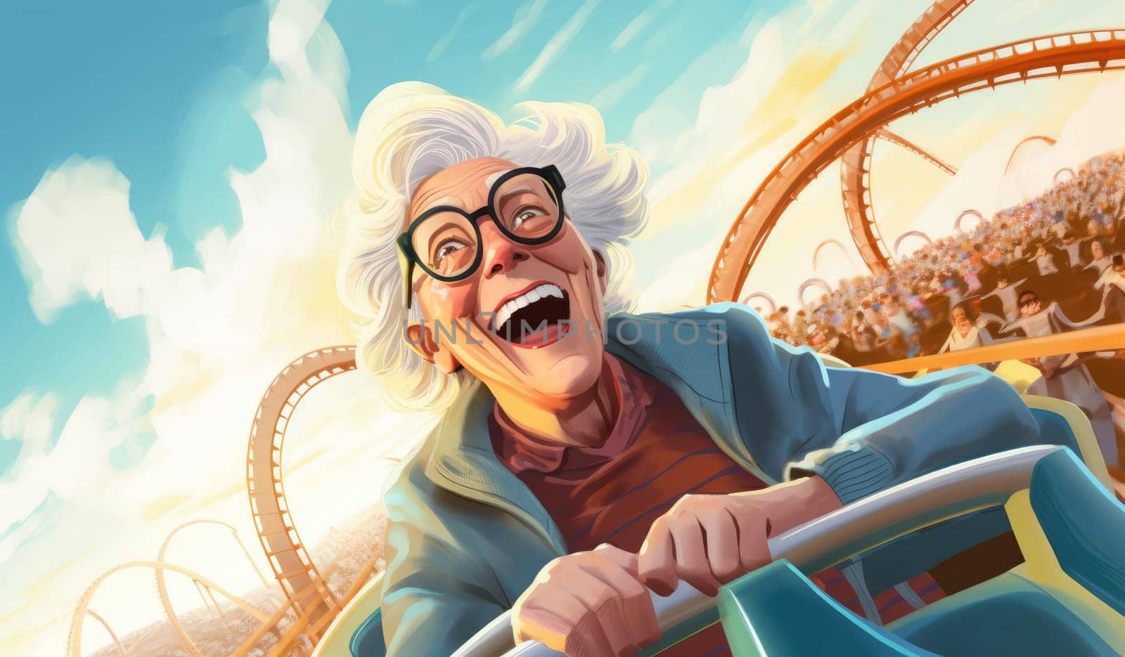 Joyful elderly woman riding in an amusement park by cherezoff