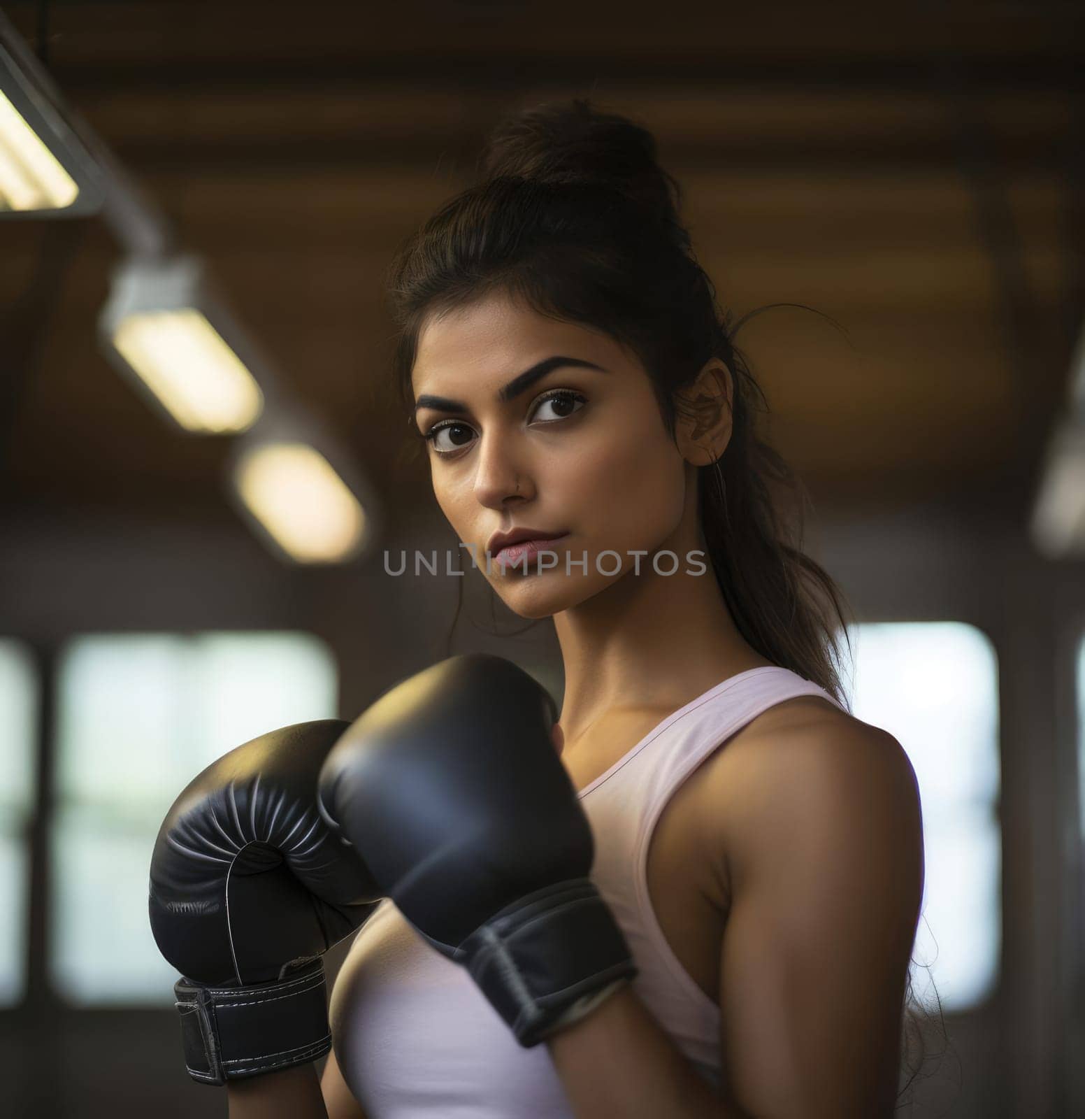 Young beautiful woman posing with boxing gloves. Sport