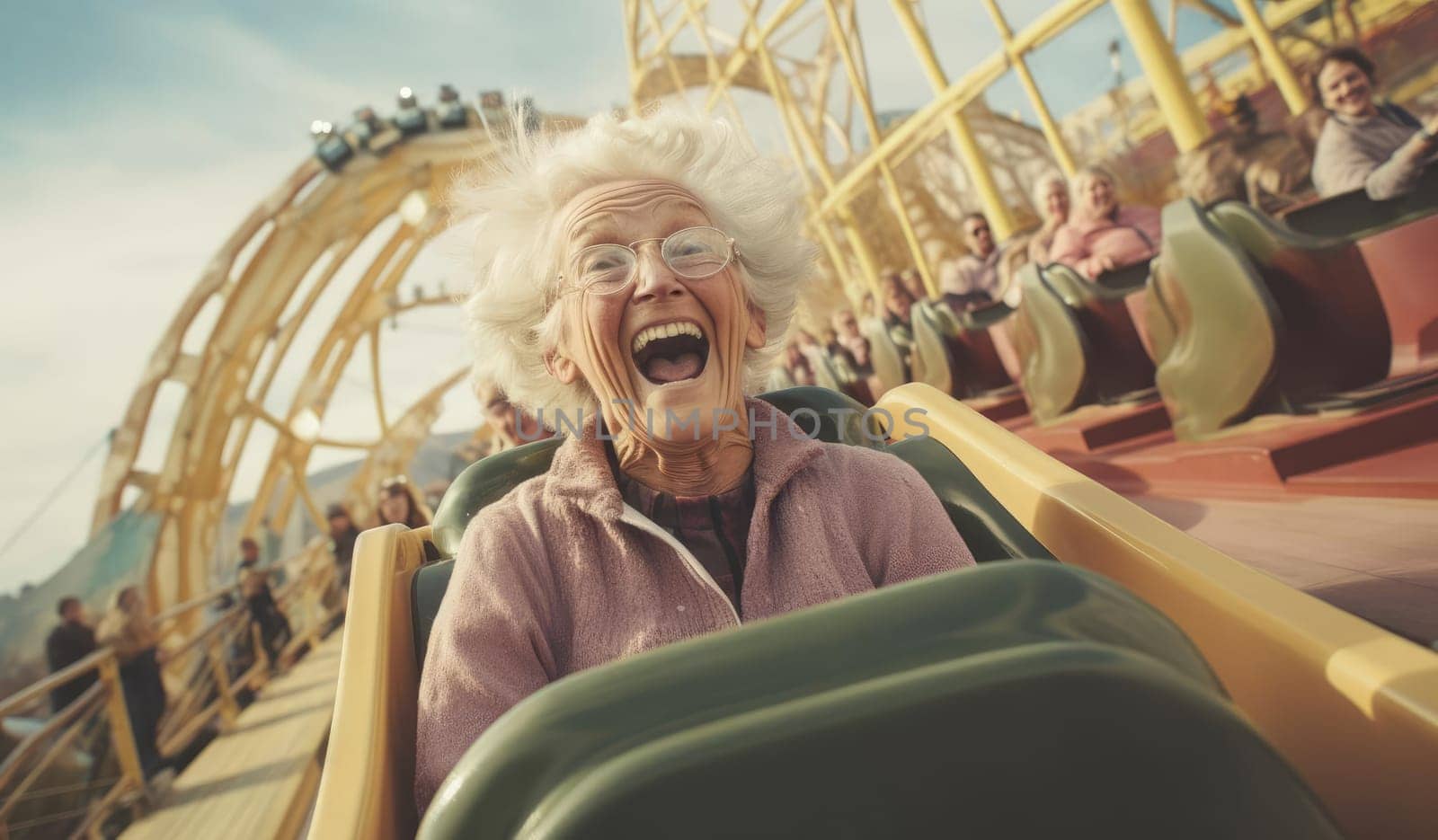 Joyful elderly woman riding in an amusement park by cherezoff