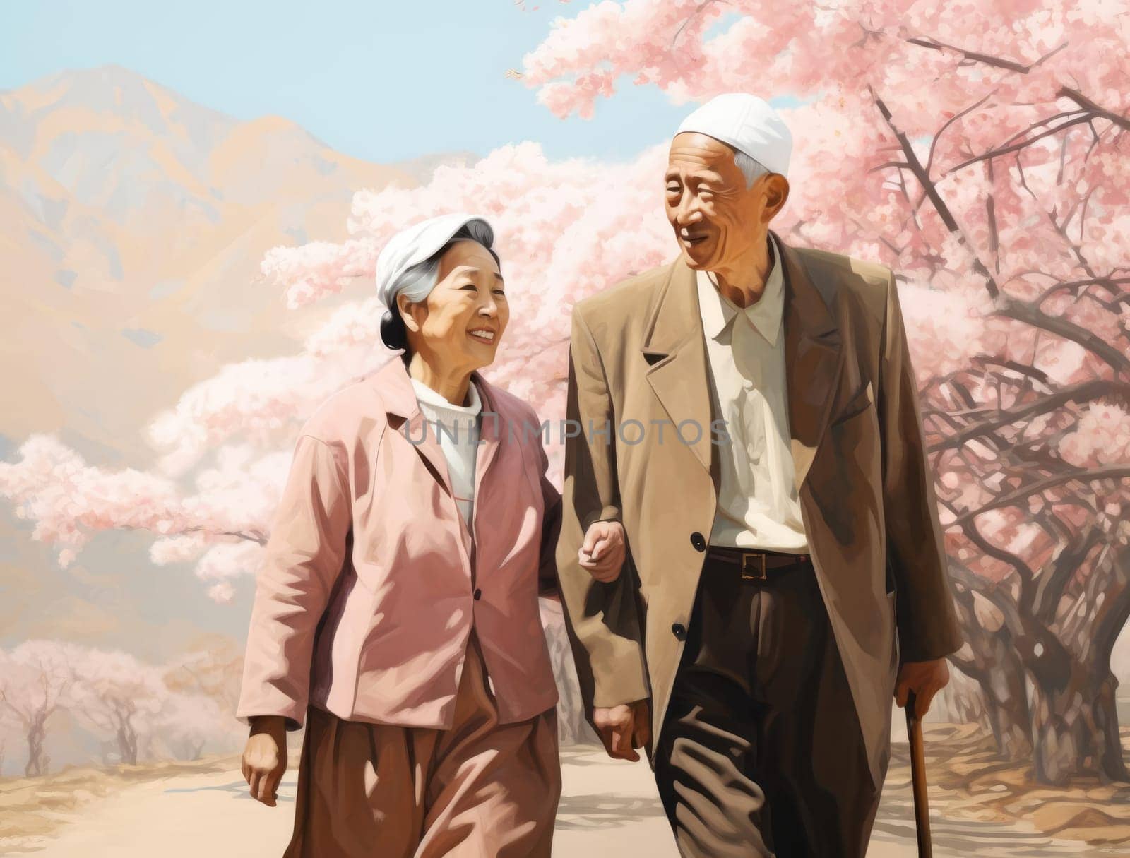 Elderly Japanese couple on the background of cherry blossoms