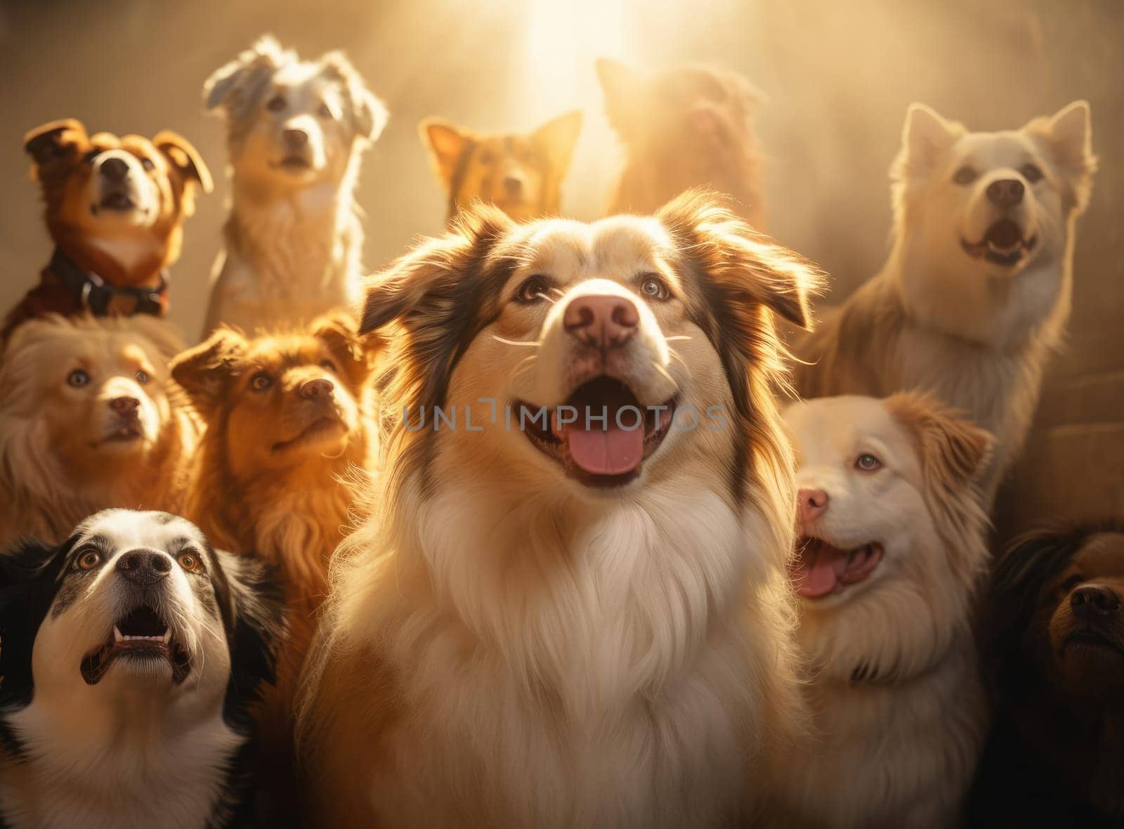 Several dogs take a group selfie. Everyone is looking at the camera