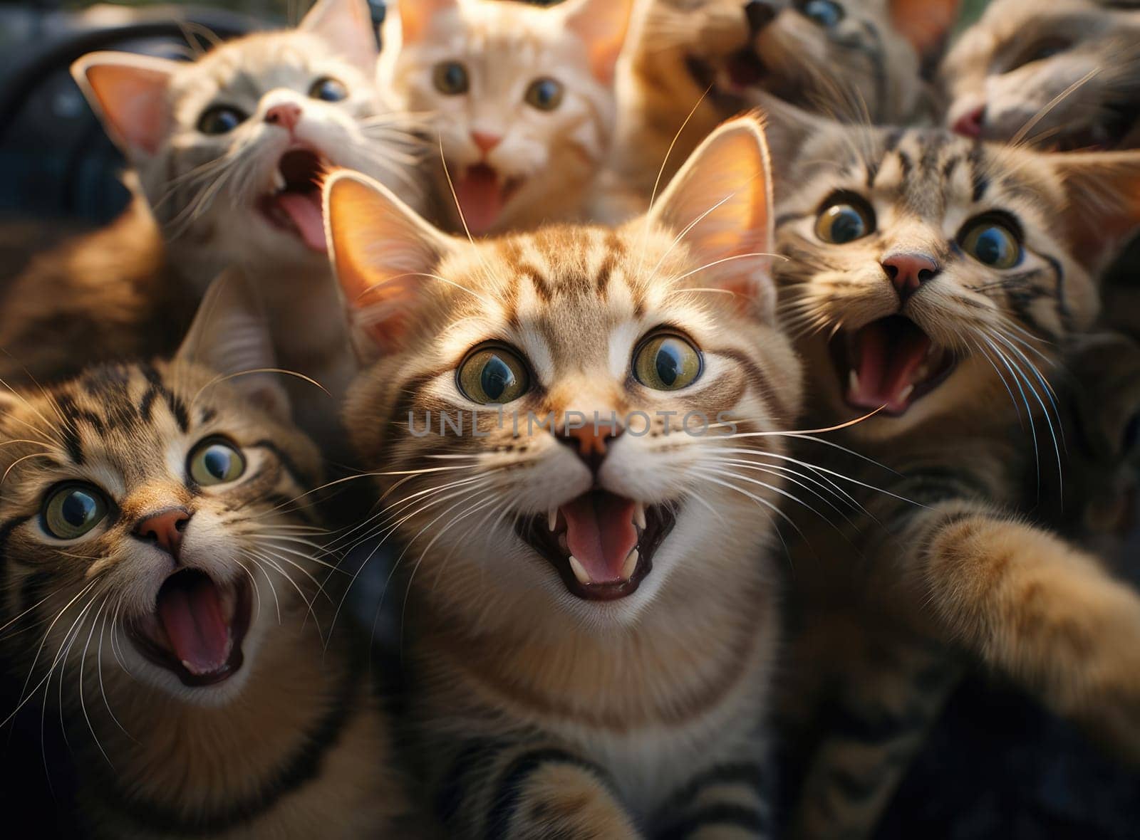 Several cats take a group selfie. Everyone is looking at the camera