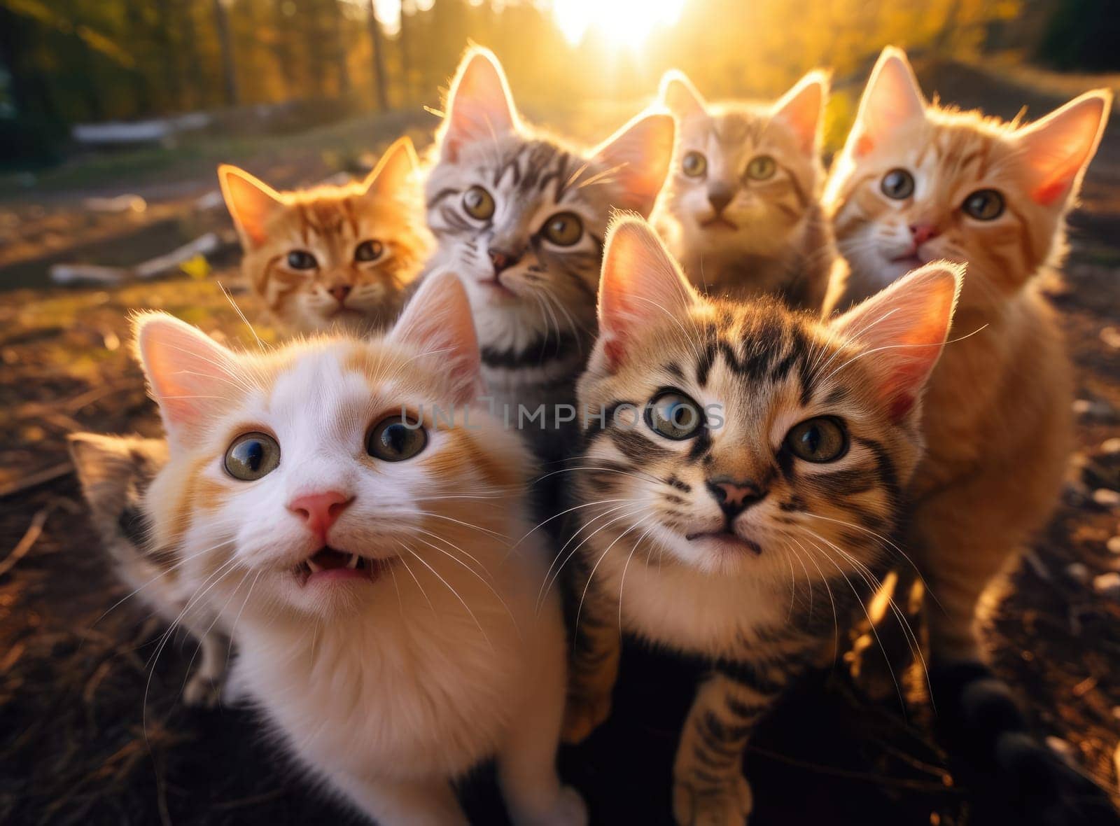 Several cats take a group selfie. Everyone is looking at the camera