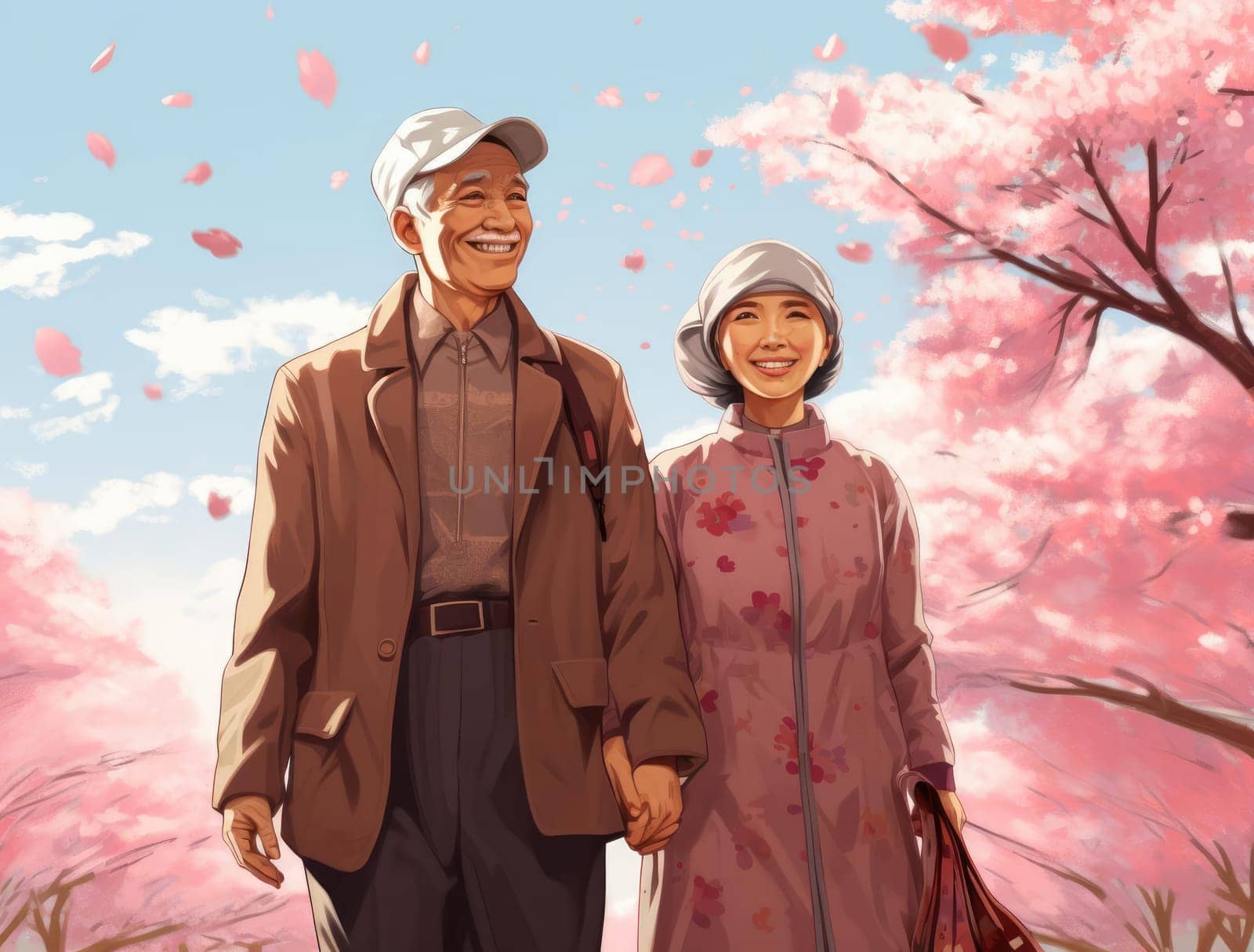 Elderly Japanese couple on the background of cherry blossoms