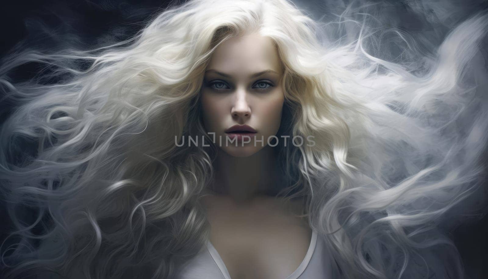 Portrait of a young beautiful woman with very long blonde hair