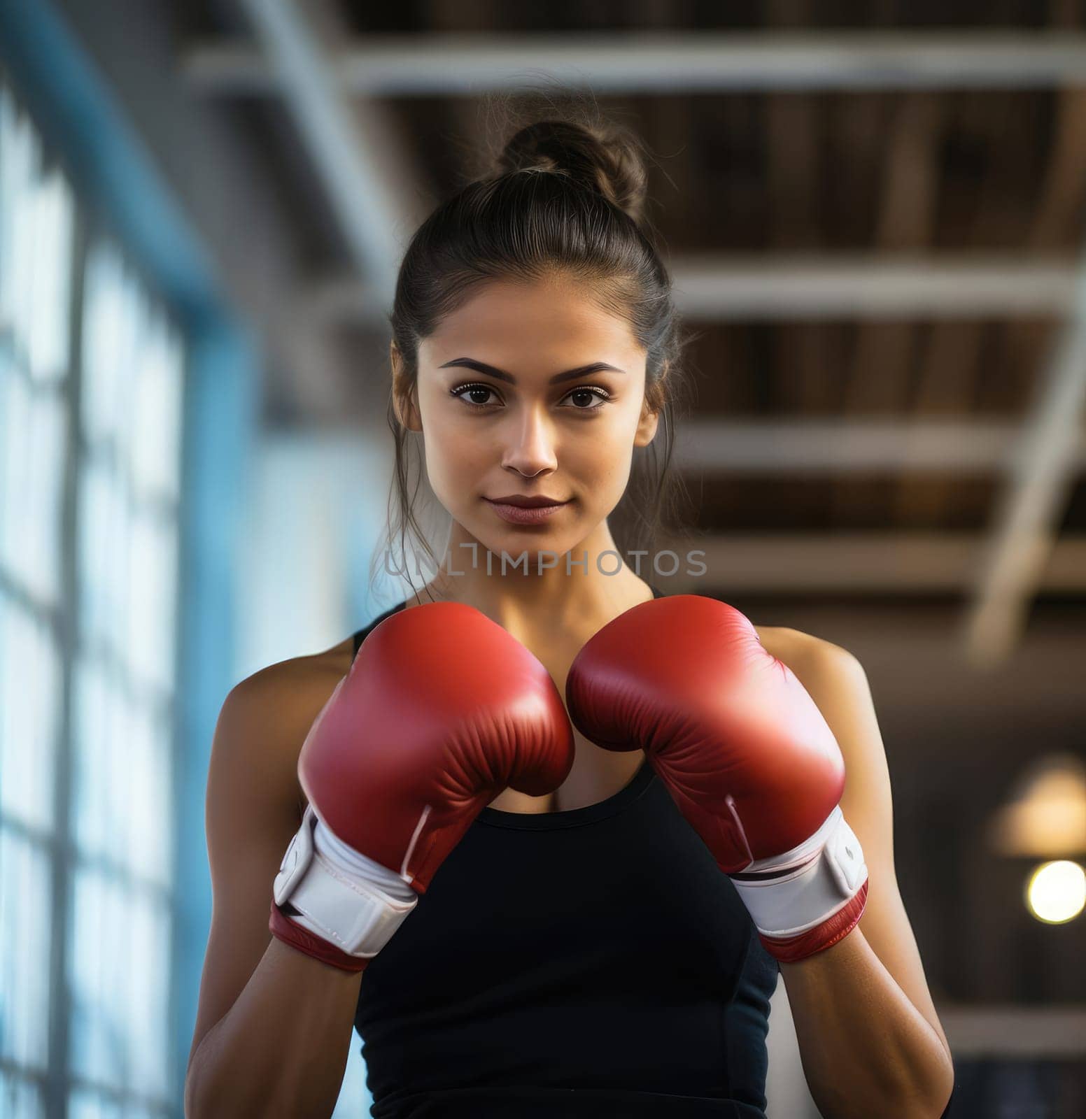 Young beautiful woman posing with boxing gloves by cherezoff