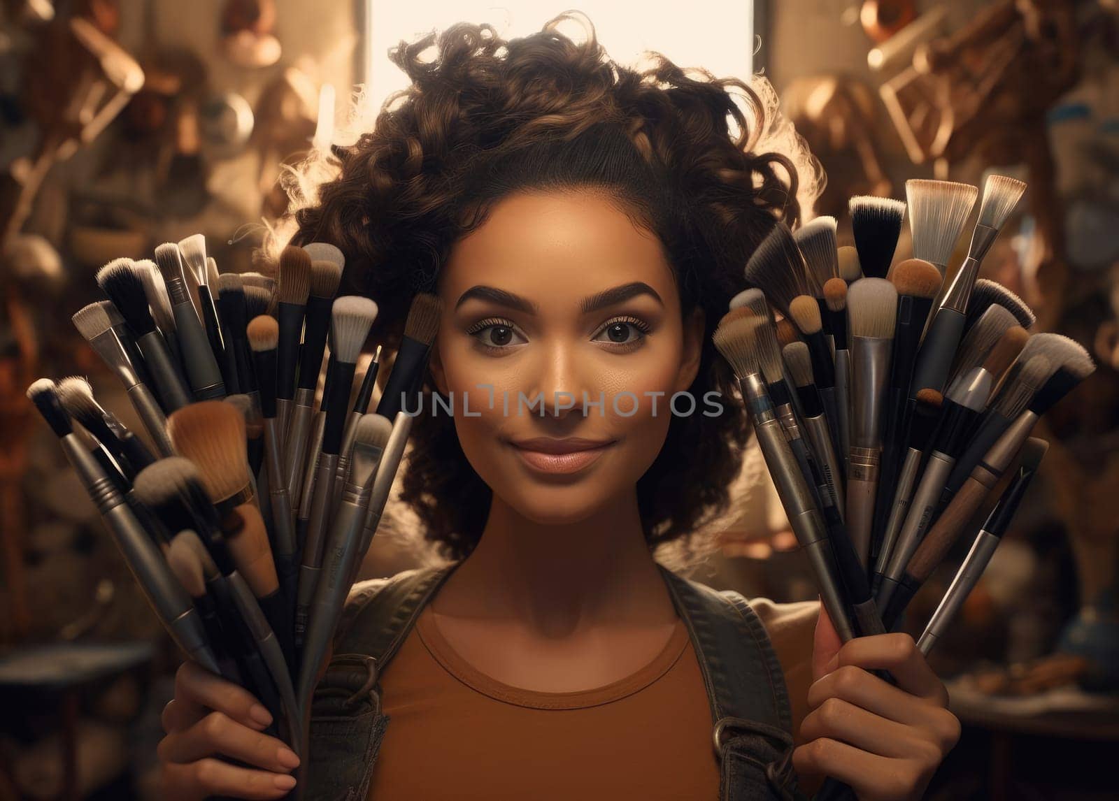 Portrait of a young woman with makeup brushes by cherezoff
