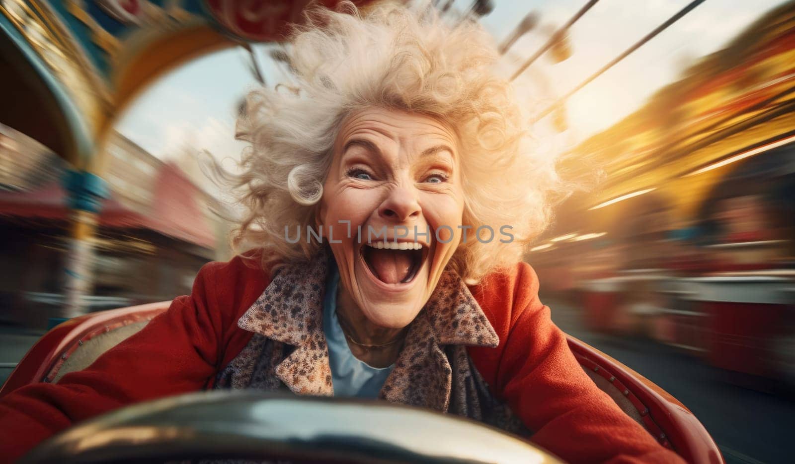 Joyful elderly woman riding in an amusement park by cherezoff