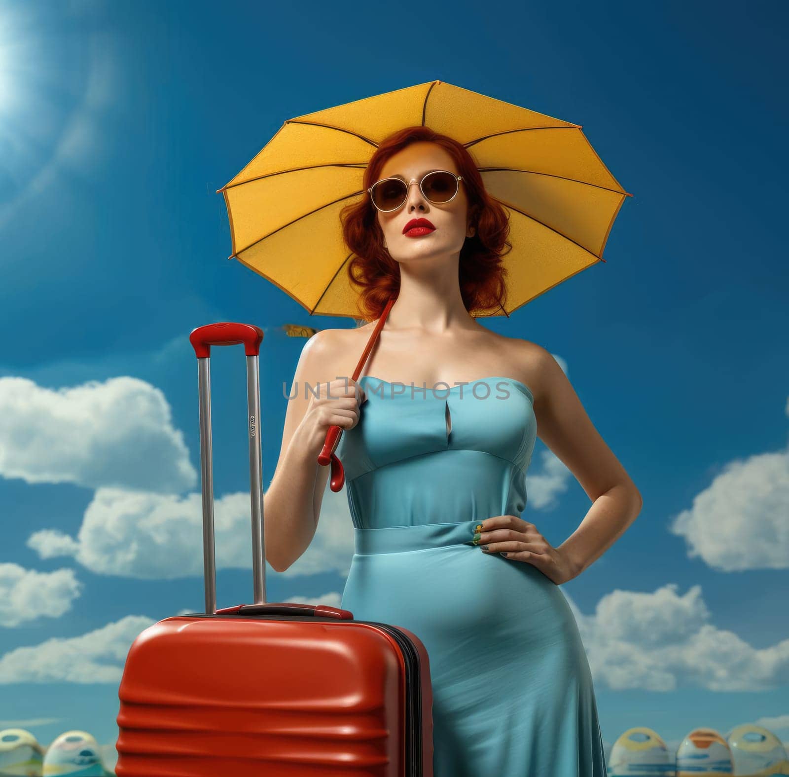 Beautiful young woman with suitcase on vacation