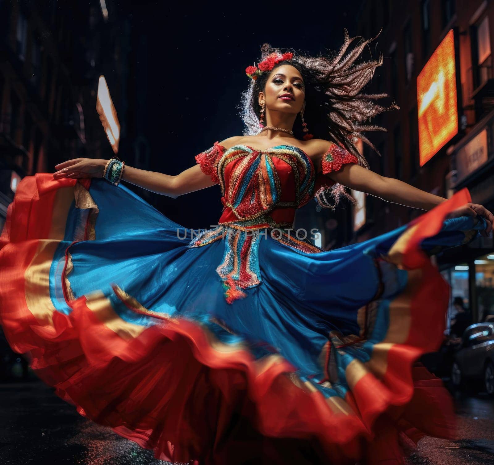 Beautiful Mexican girl is dancing in traditional Mexican dress