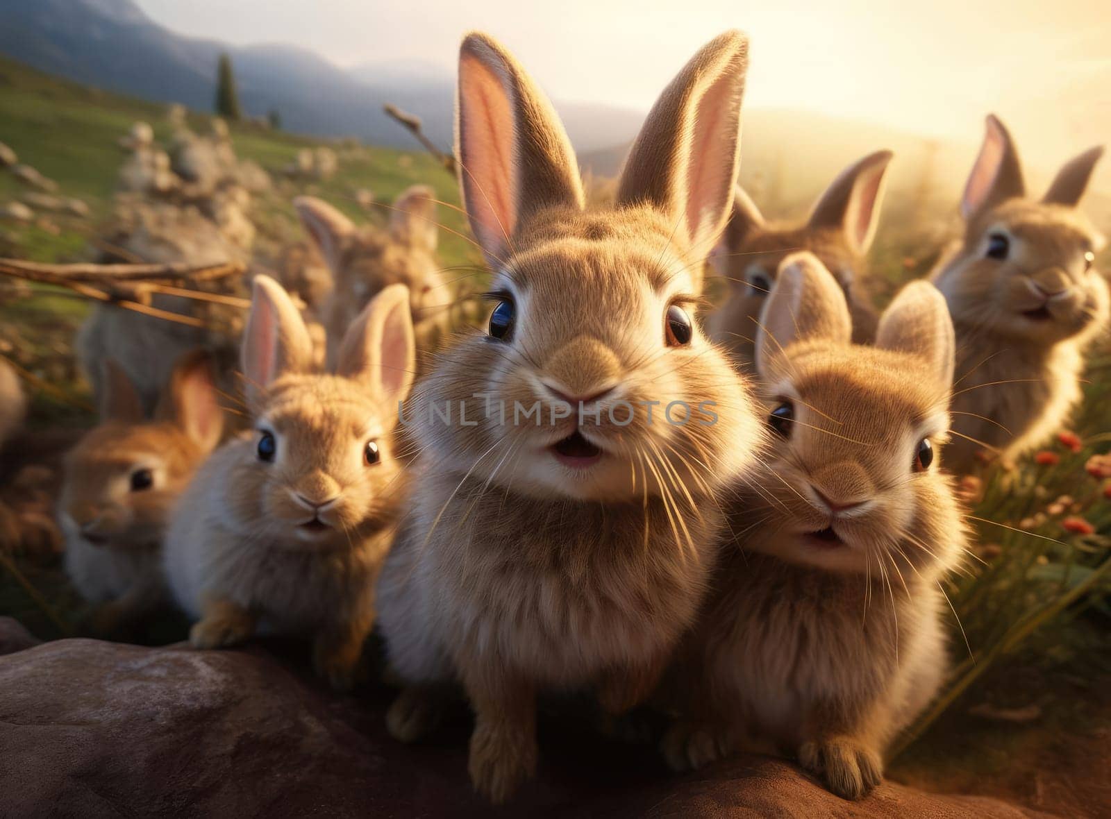 Several rabbits take a group selfie. Everyone is looking at the camera