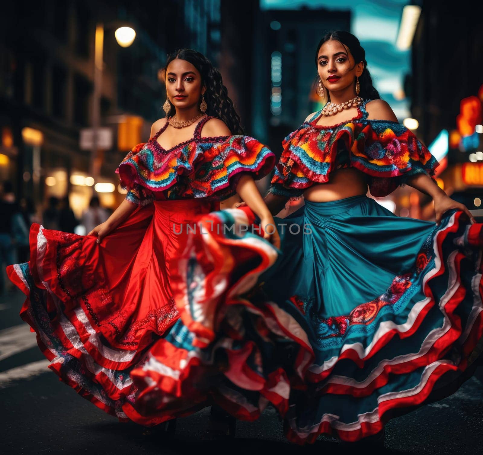 Beautiful Mexican girl is dancing in traditional Mexican dress