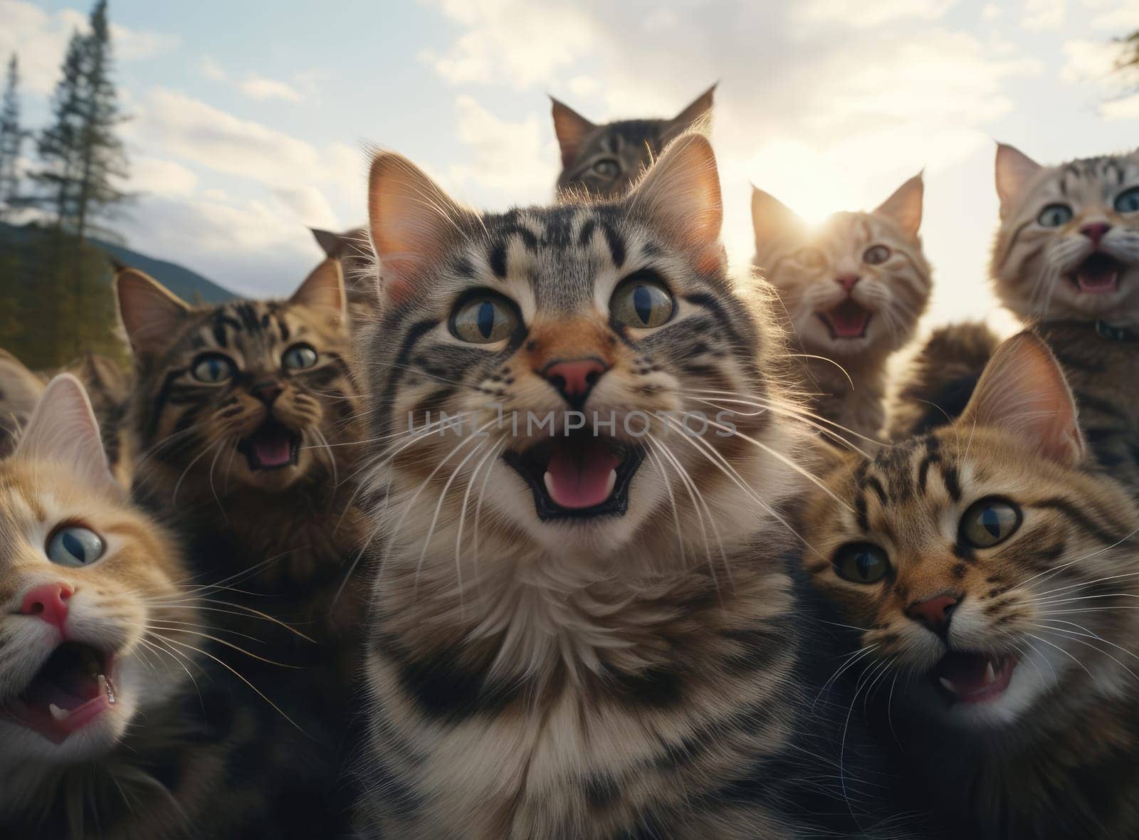 Several cats take a group selfie. Everyone is looking at the camera