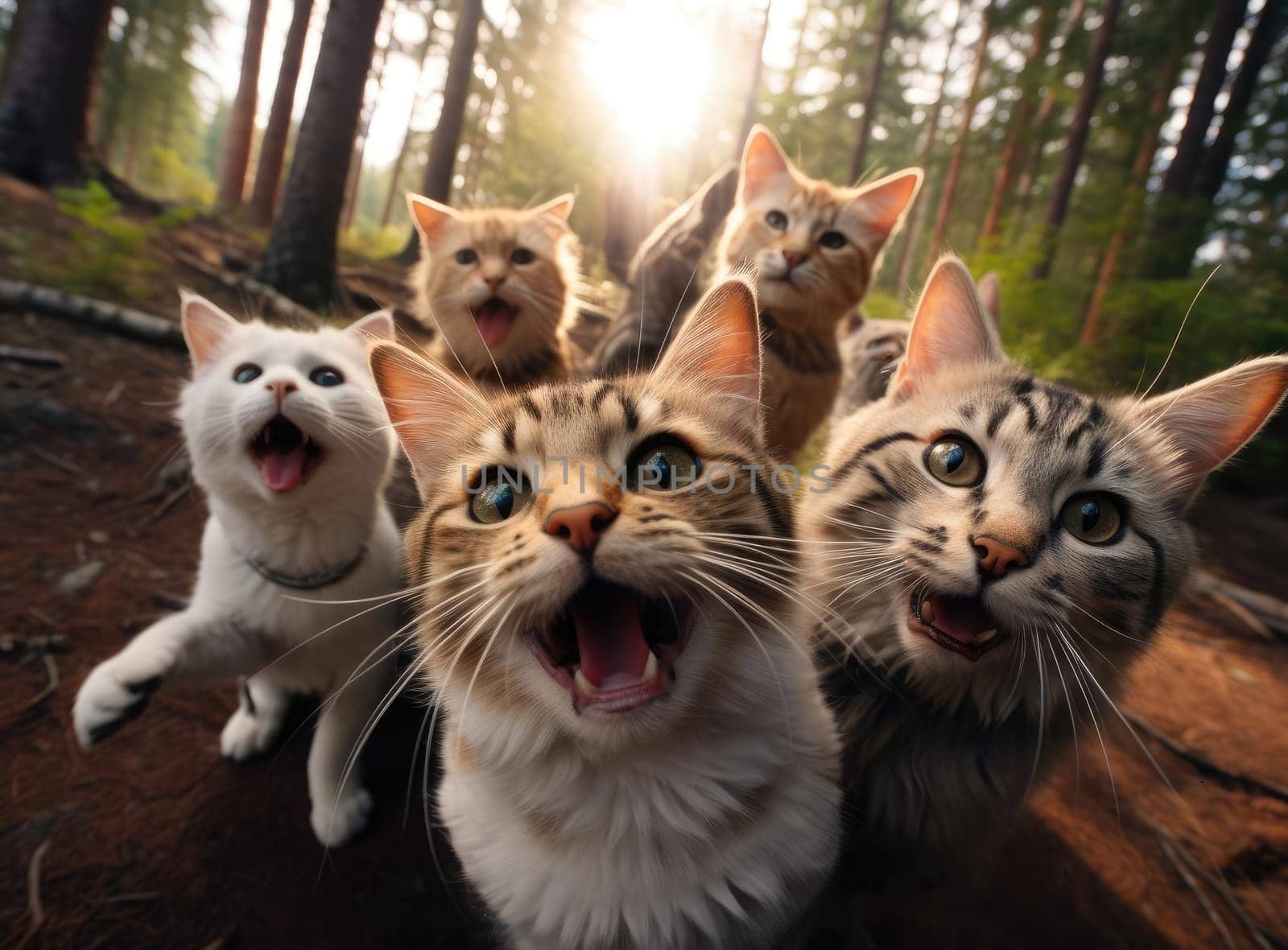 Several cats take a group selfie. Everyone is looking at the camera