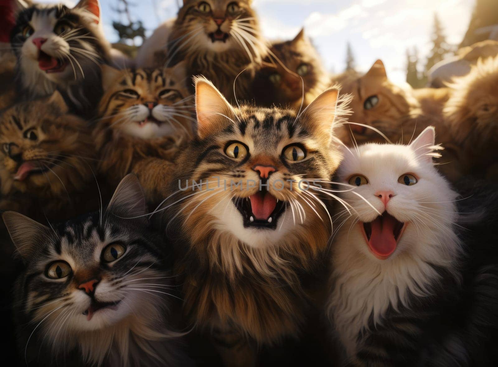 Several cats take a group selfie. Everyone is looking at the camera